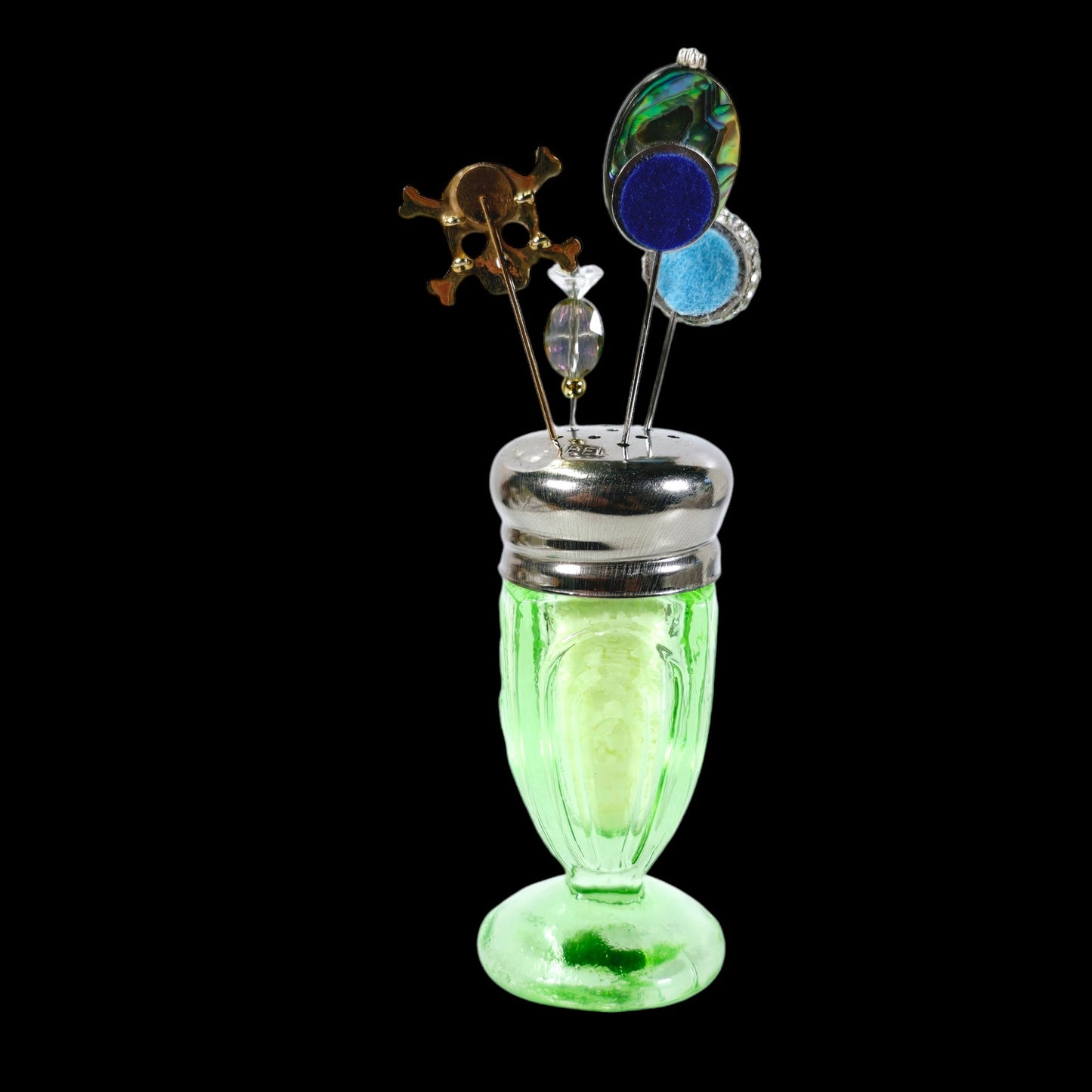 Green Uranium Glass Salt Shaker Stick Pin Display, 4 Pins, Skull, Glowy, Sparkles, 5.5" H with Pins