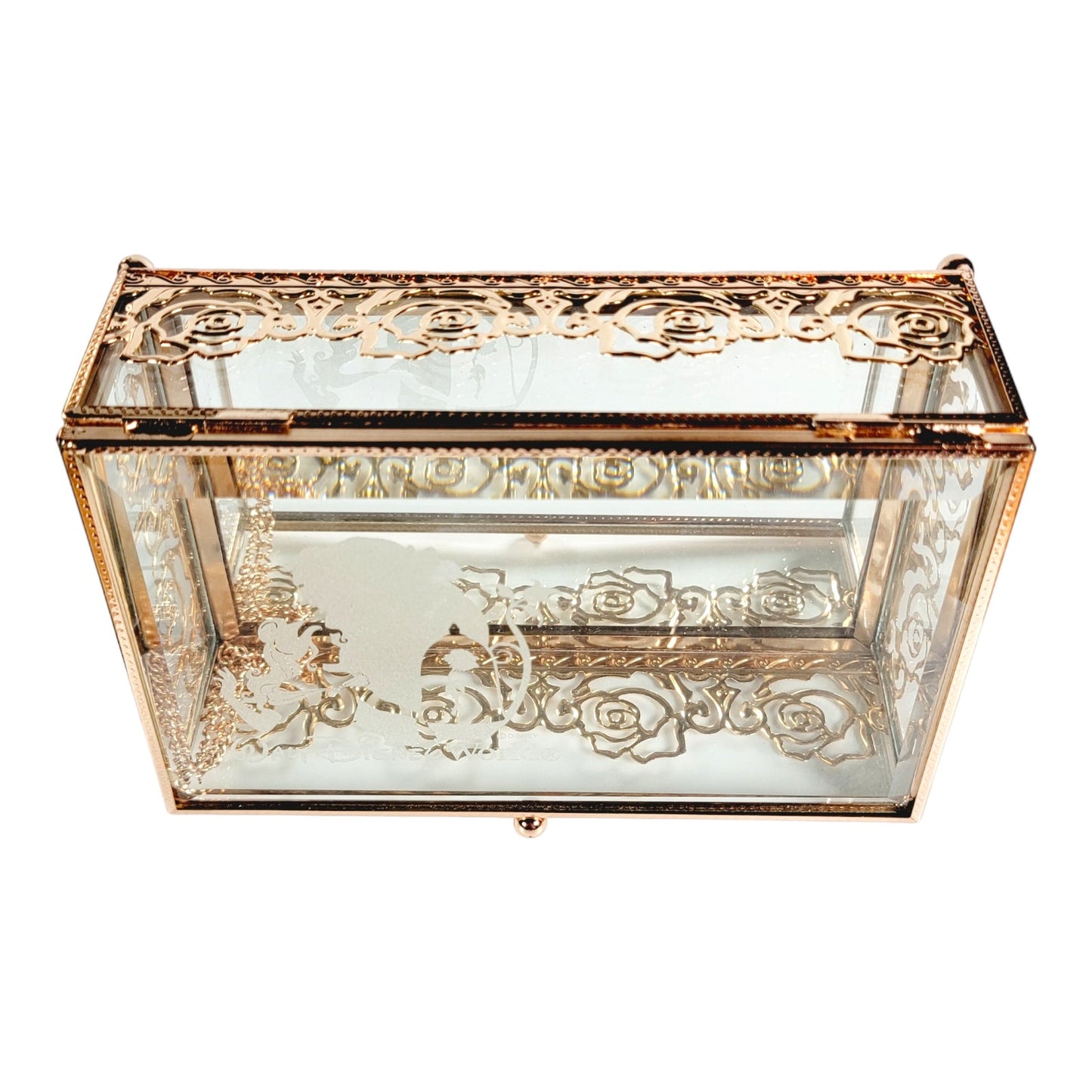 Disney World Beauty & the Beast Jewelry Box Mirrored Etched Glass Filigree Rose