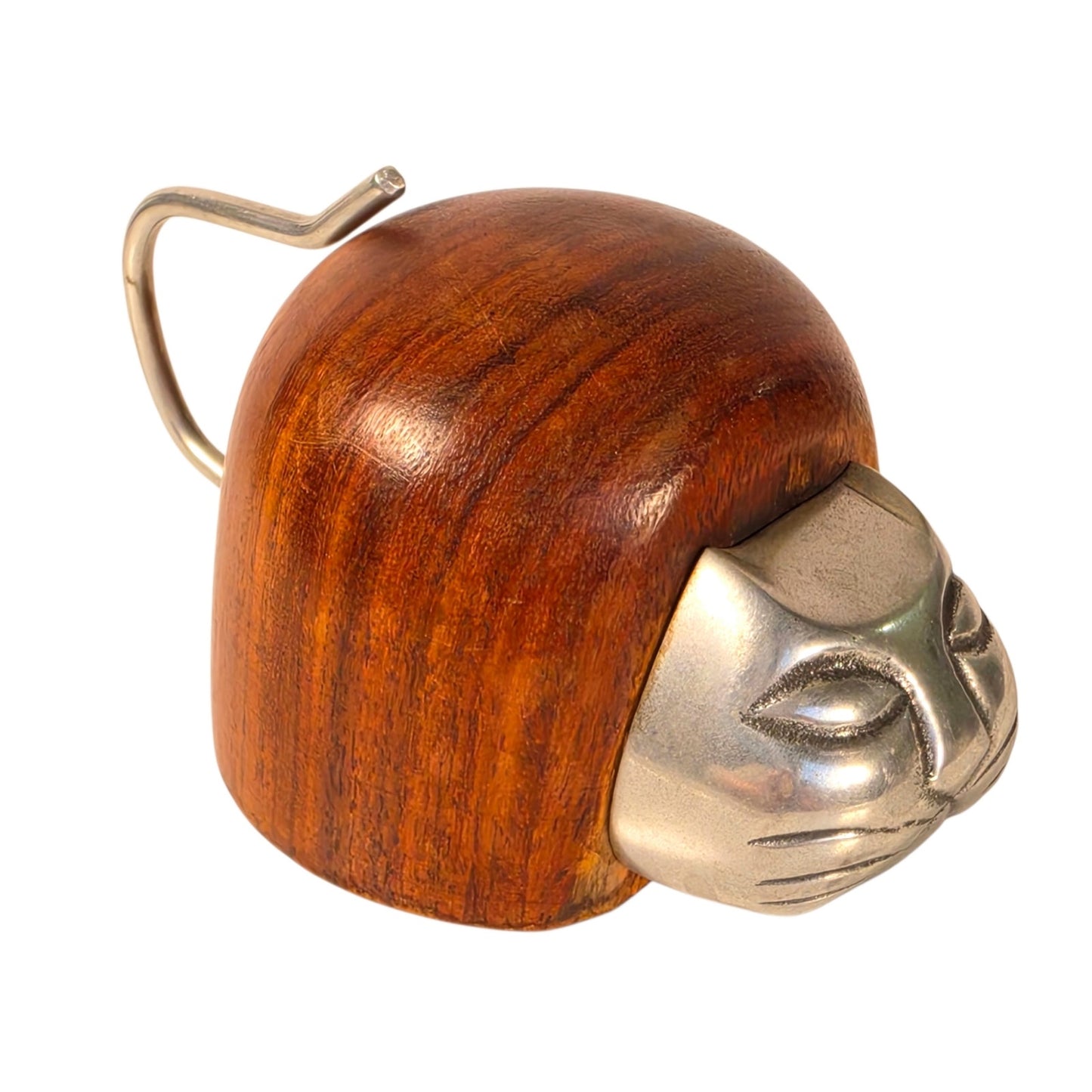 Vintage Wooden Cat Figurine Paperweight Metal Face India Boho Eclectic