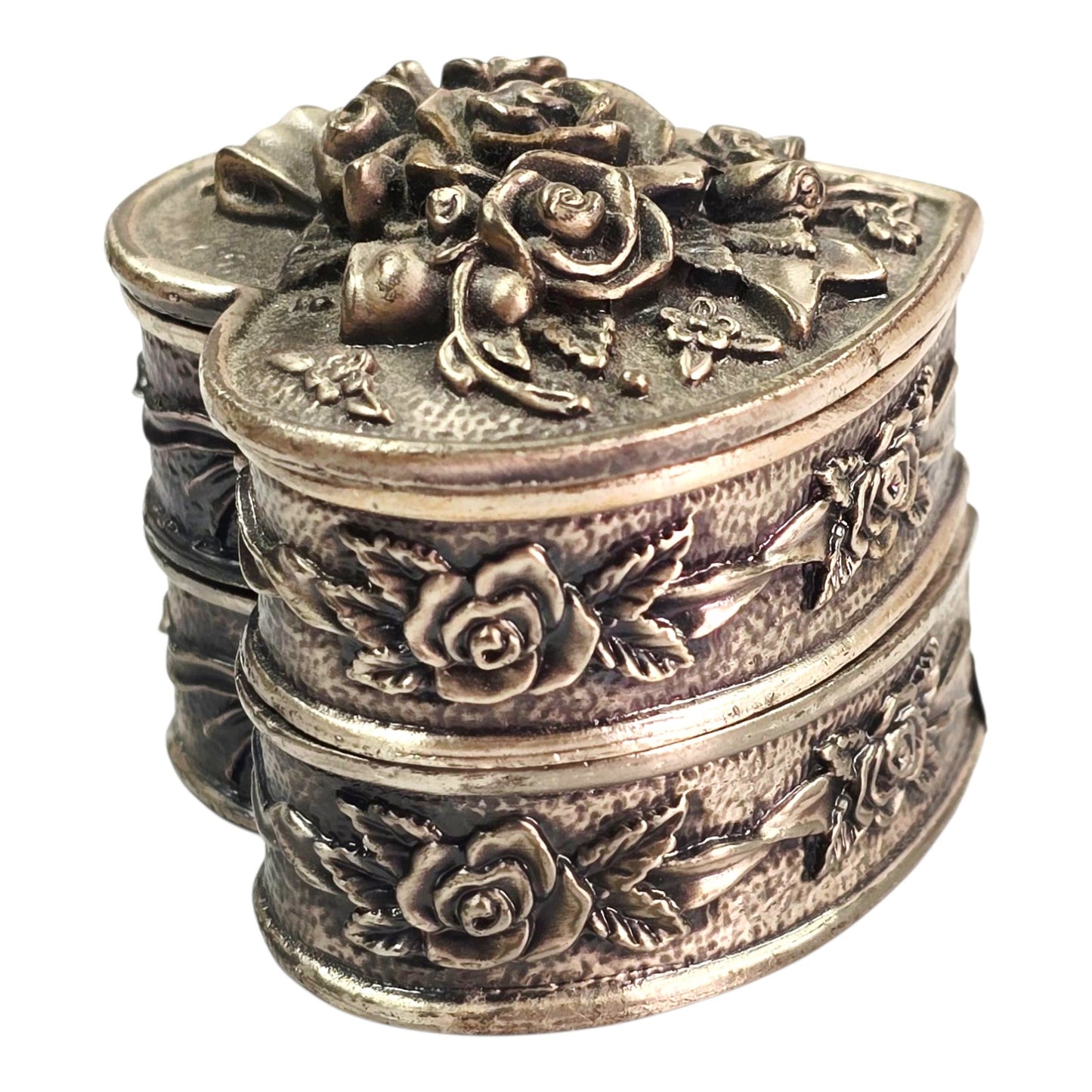 3-Pc Heart Stacked Pewter Trinket Box with Roses and Floral Motif, Signed