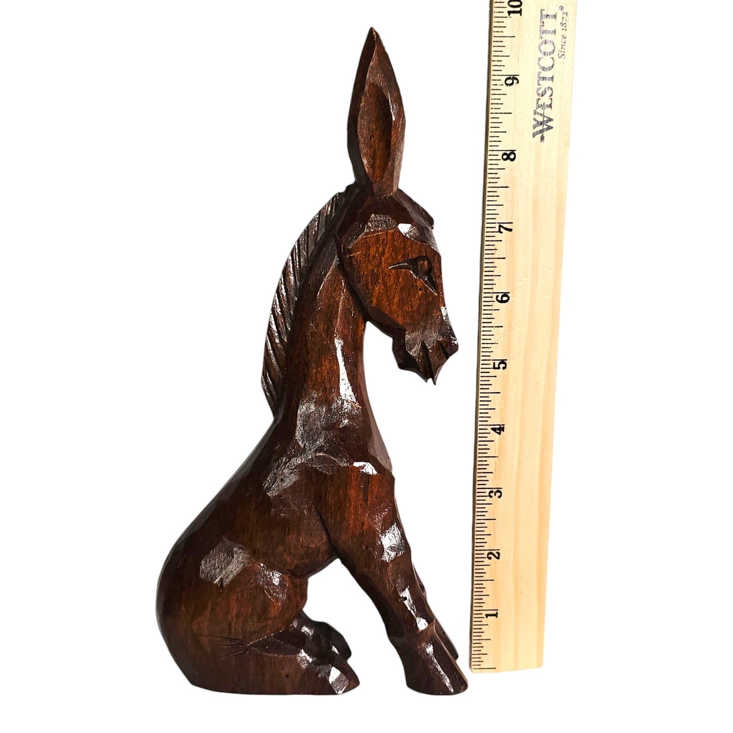 Vintage Carved Wood Donkey Figurine Lacquered Sitting Donkey Mule Burro