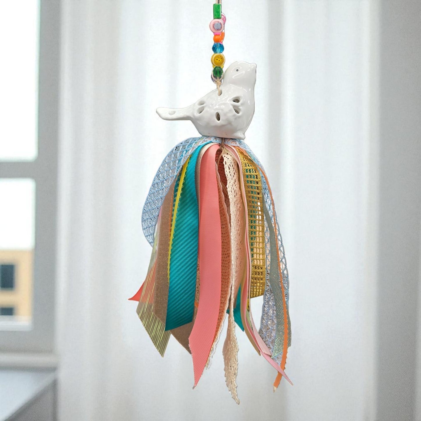 Ceramic Bird Tassel | Upcycled Ceramic Figurine Hanging Ribbon Decor Boho Farmhouse