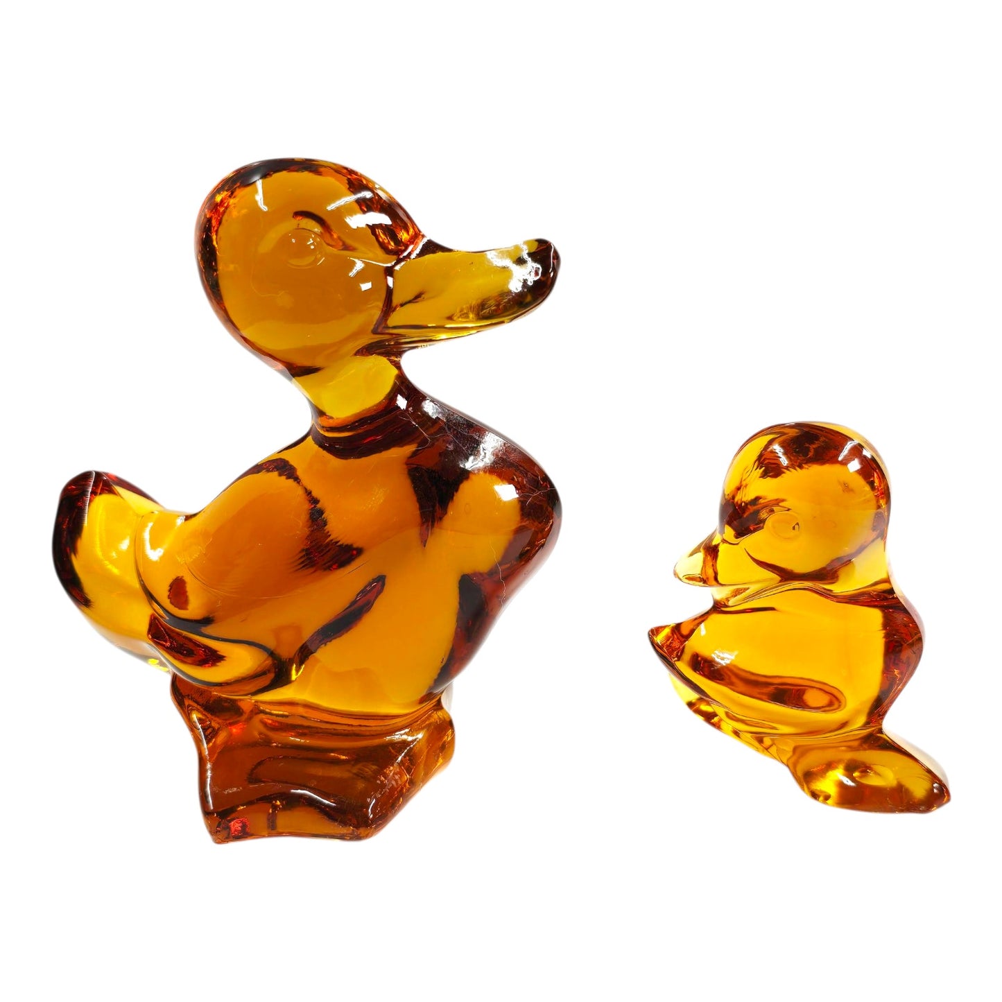 Vtg Fostoria Amber Glass Duck MCM Figural Mother Duck & Duckling AS IS Duckling