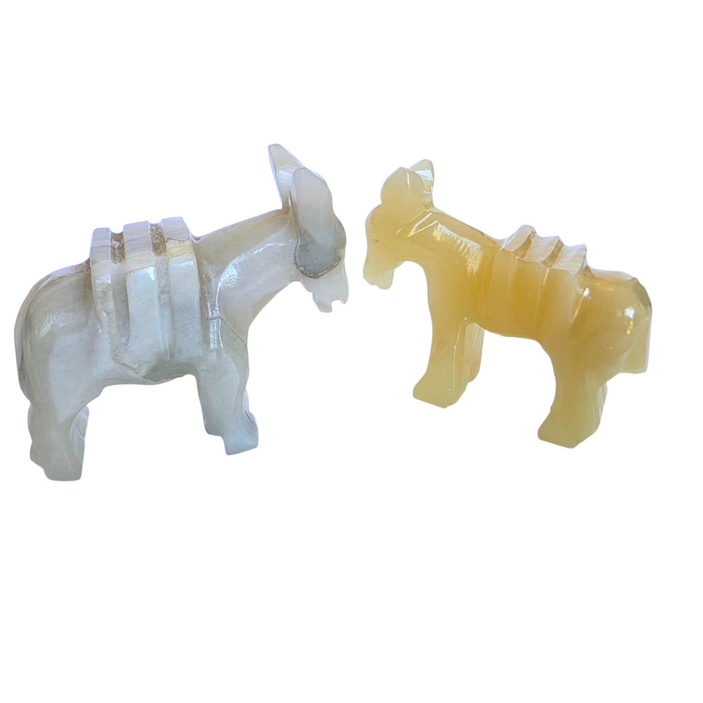 Vtg Carved Onyx Alabaster Donkey Figurines Pair UV Reactive Stone Nativity Piece