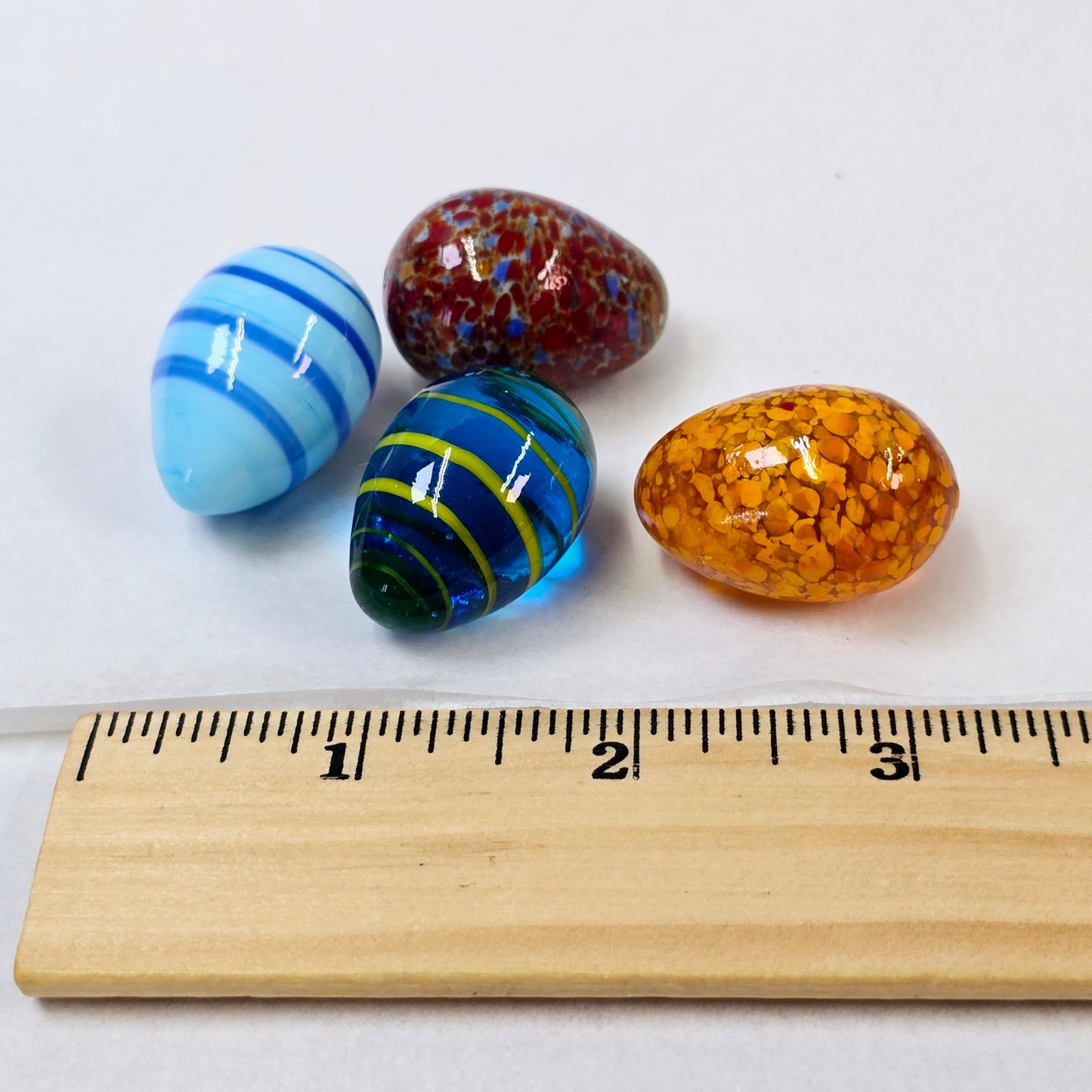 Set of 4 Handblown Small Glass Eggs, Colorful Artisan Glass Eggs in Mini Glass Basket