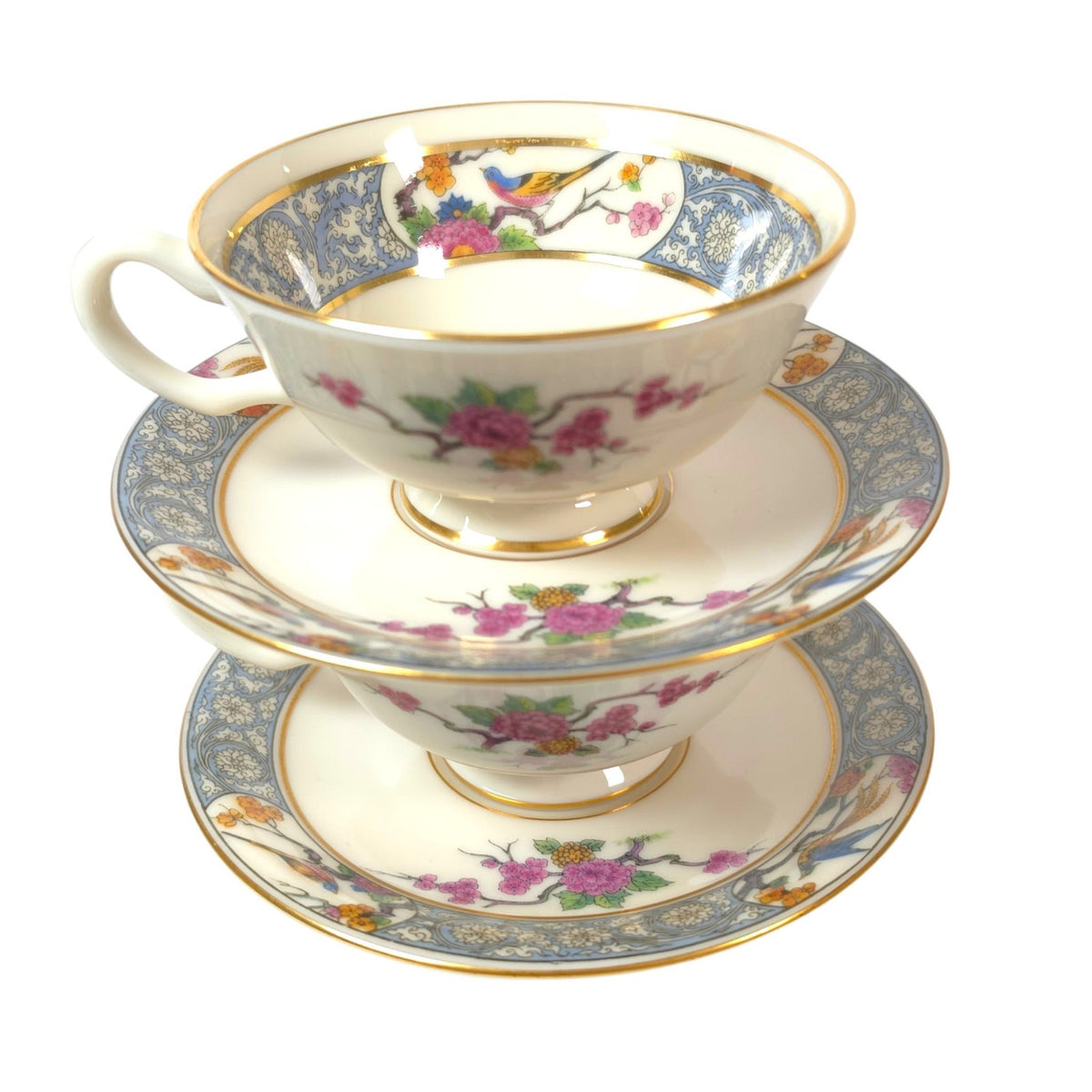 Vintage Lenox Ming P-16 Footed Teacups & Saucers Set of 2 Bird Floral Gold USA