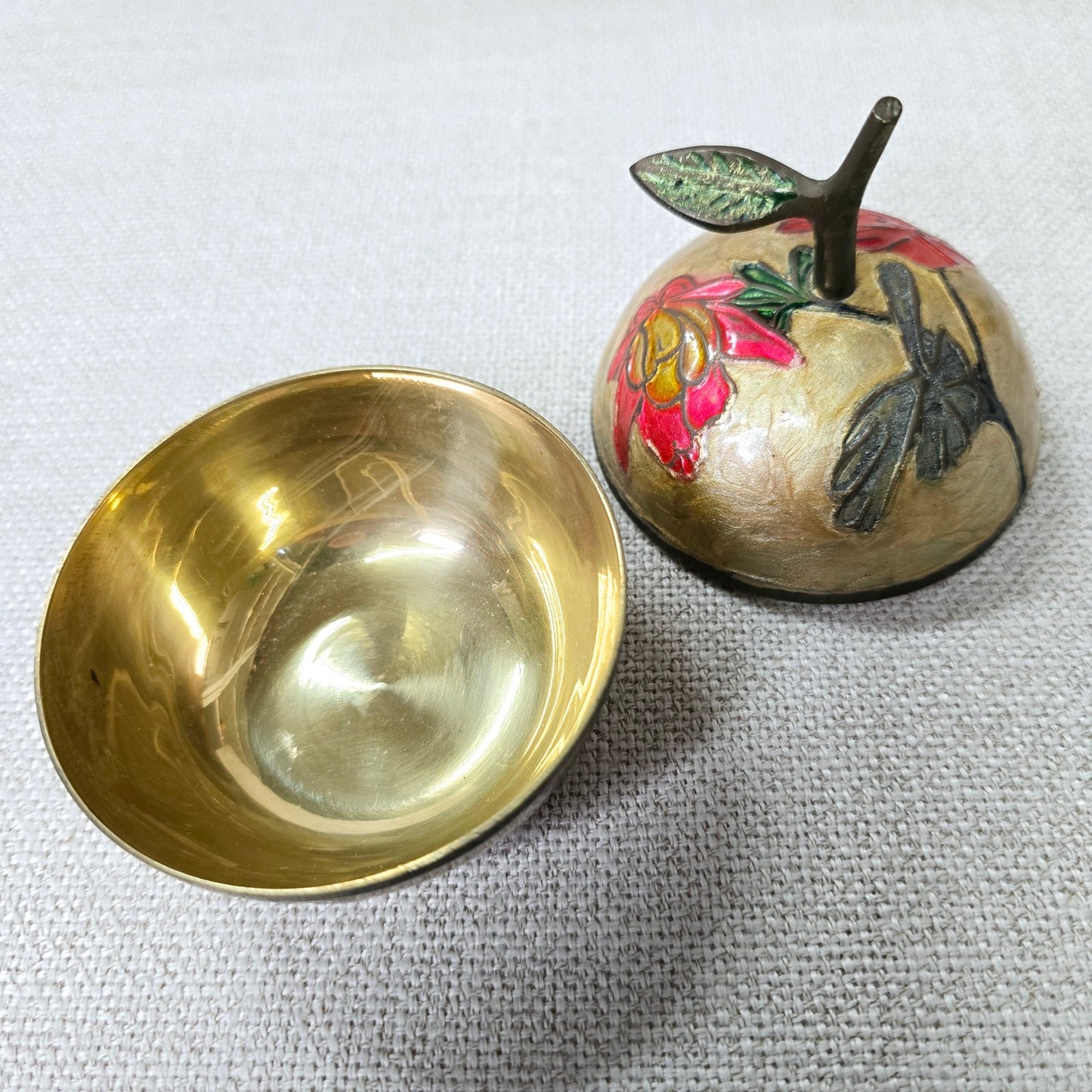 Beautiful Vintage Cloisonne Enamel and Brass Apple Trinket Box with Lid