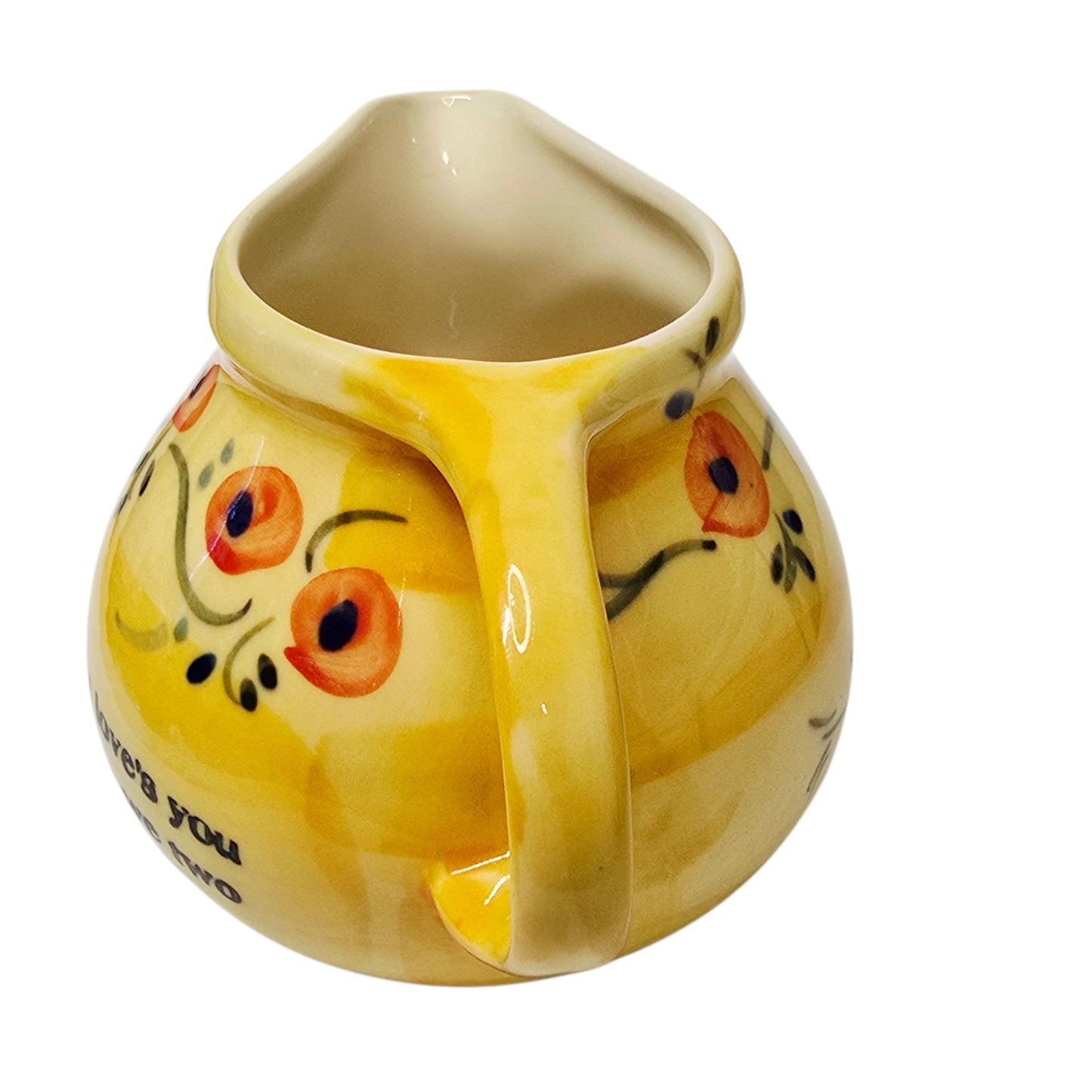 Vintage Yellow Pottery Pitcher Motto Ware Stenciled Quote Floral Small Creamer