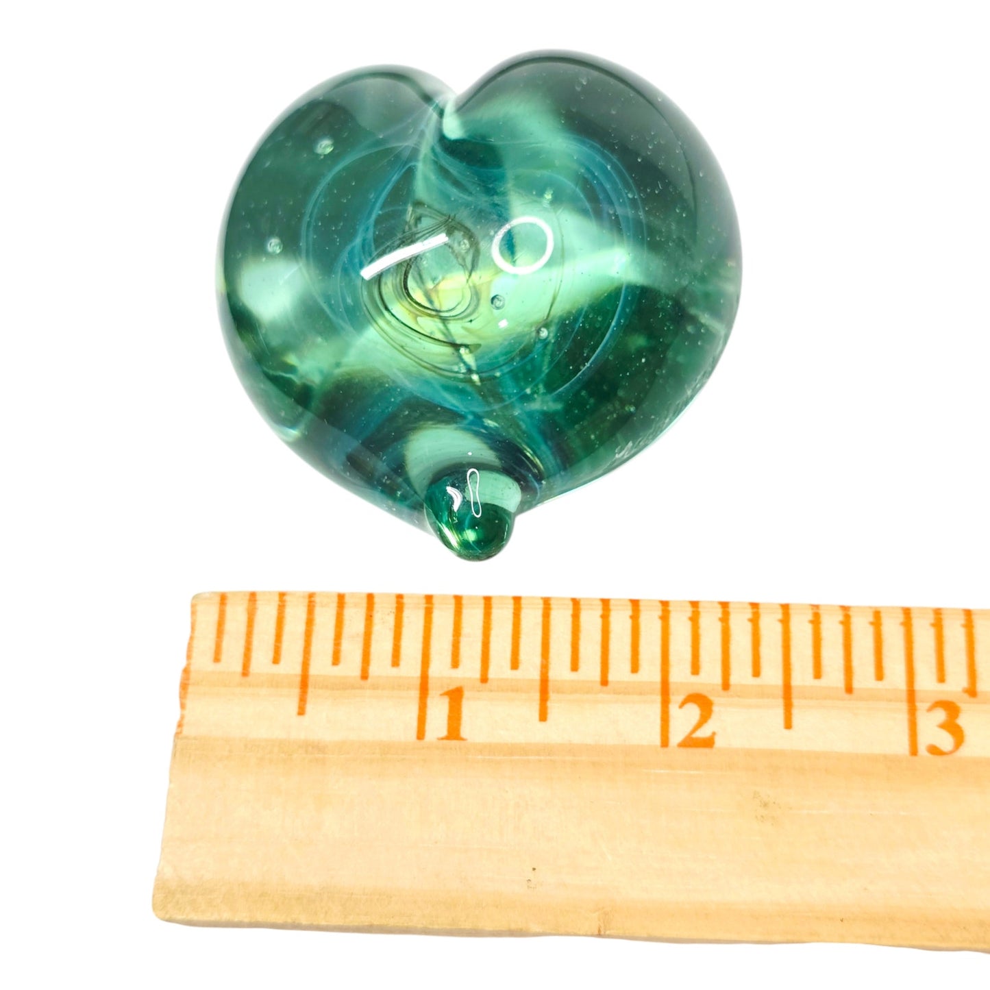 Signed Gilbert C. Johnson 1991 Art Glass Heart Paperweight Blue Green Vortex