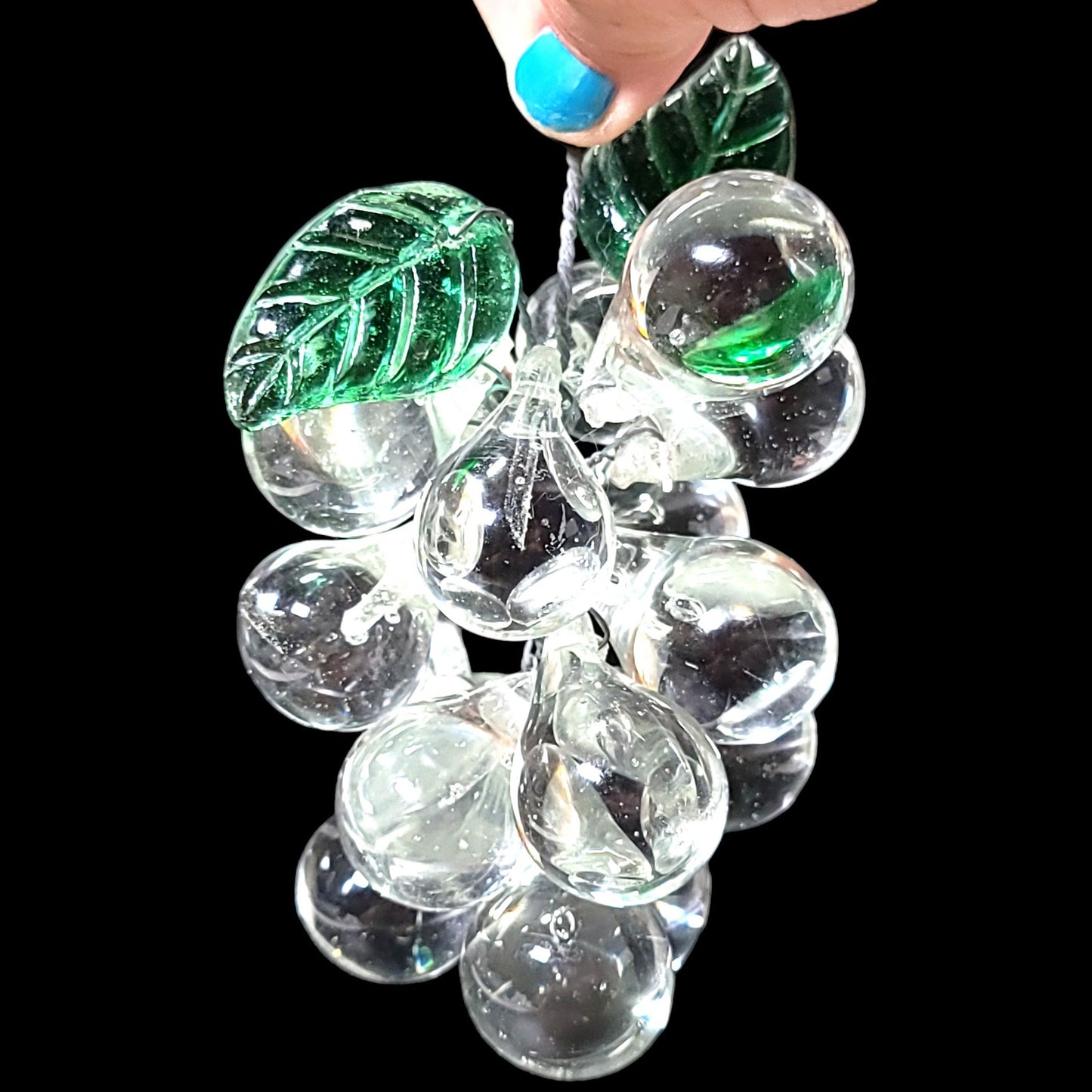 Vintage Crystal Grape Cluster with Green Leaves, Chandelier Parts Grape Cluster 6"