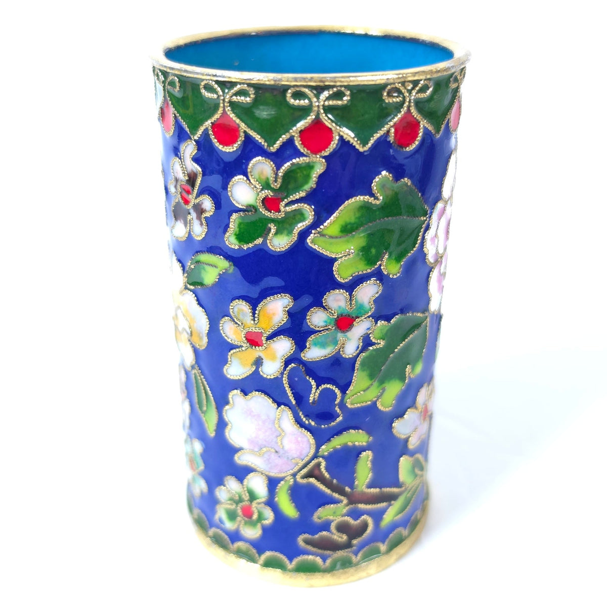 Cloisonne Enamel Pencil Brush Holder Blue Floral Butterfly Tumbler 4.25"