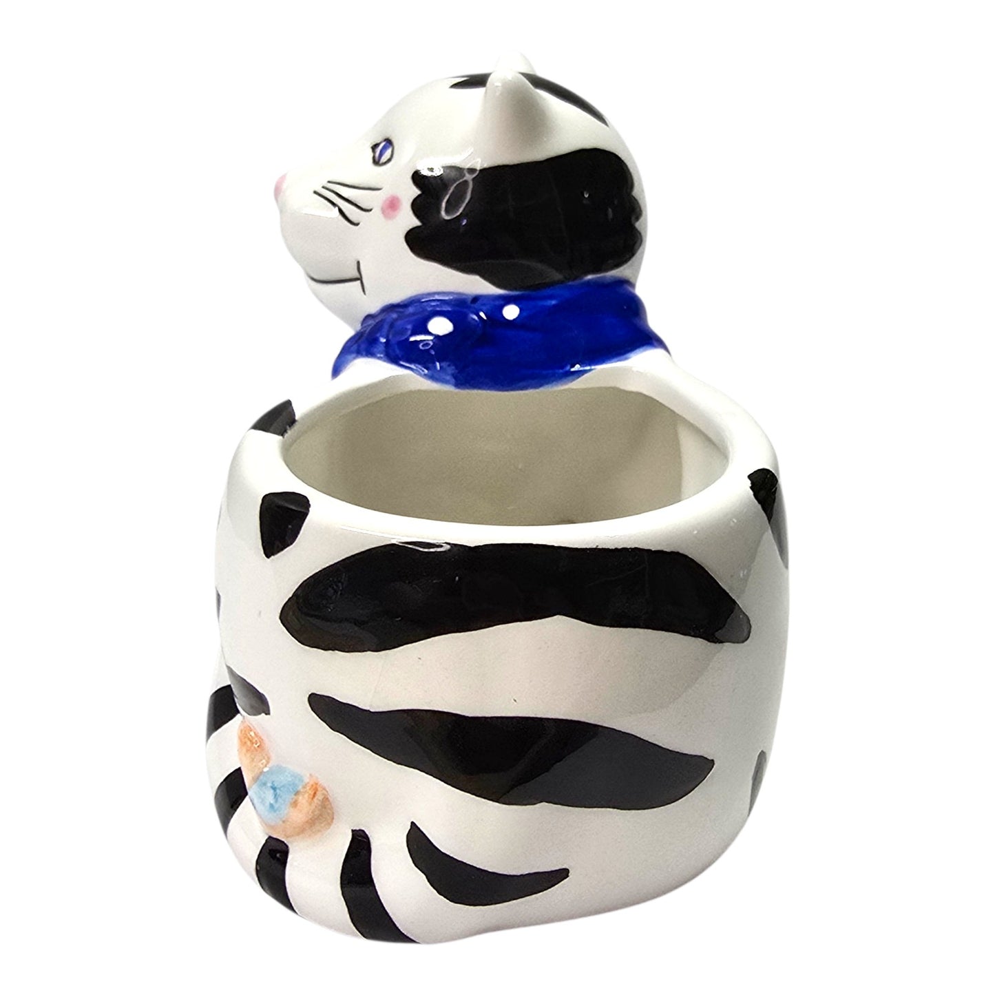 Striped Cat Planter Ceramic Handpainted Blue Scarf Bird Vtg Certified Intl CIC