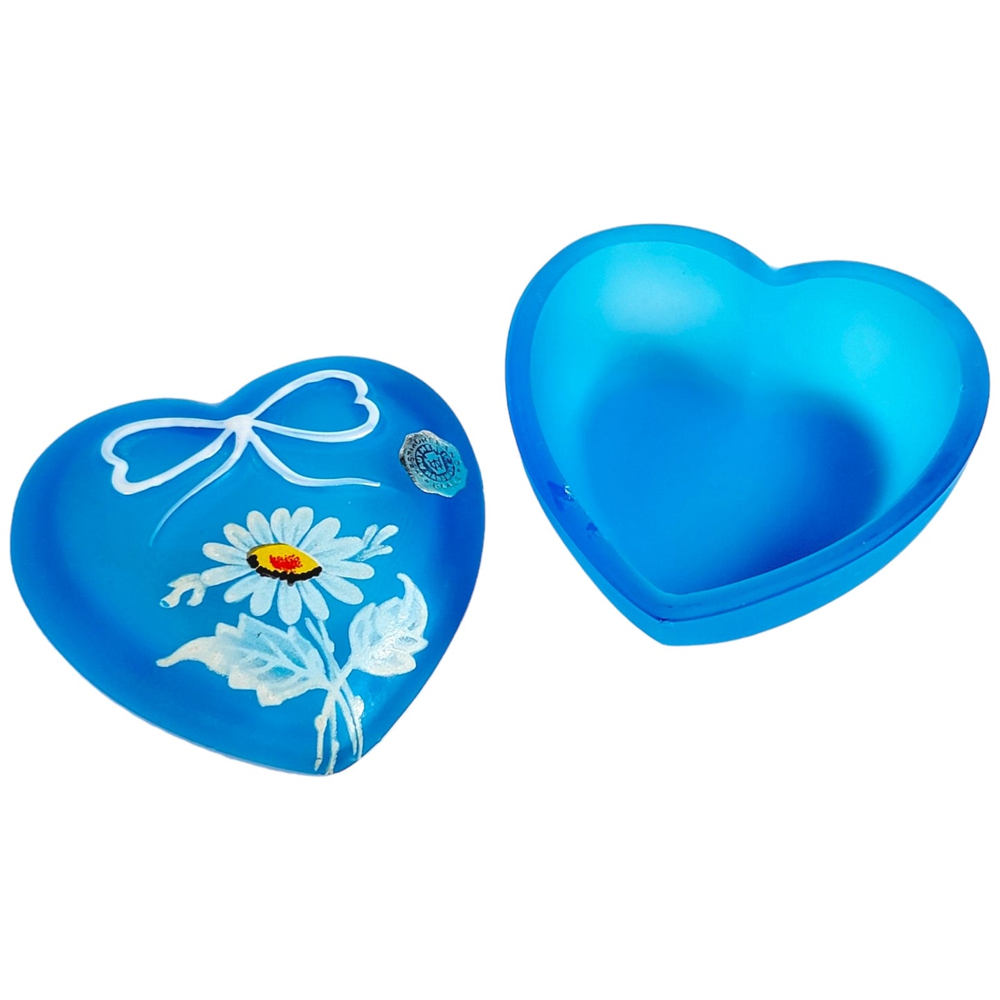 AS IS 1970's Westmoreland Daisy Blue Satin Glass Heart Trinket Dish with Lid FLAW