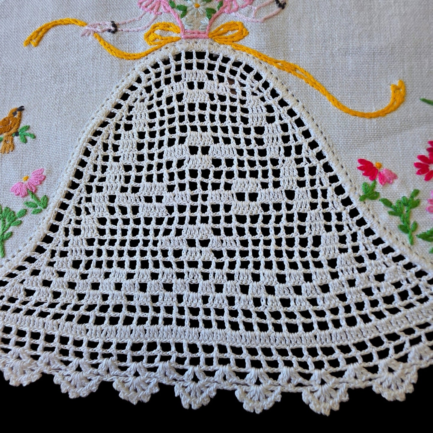Vintage 3 Pc Crinoline Lady Dresser Scarf Set Linen Crochet Lace Bow Flower Bird