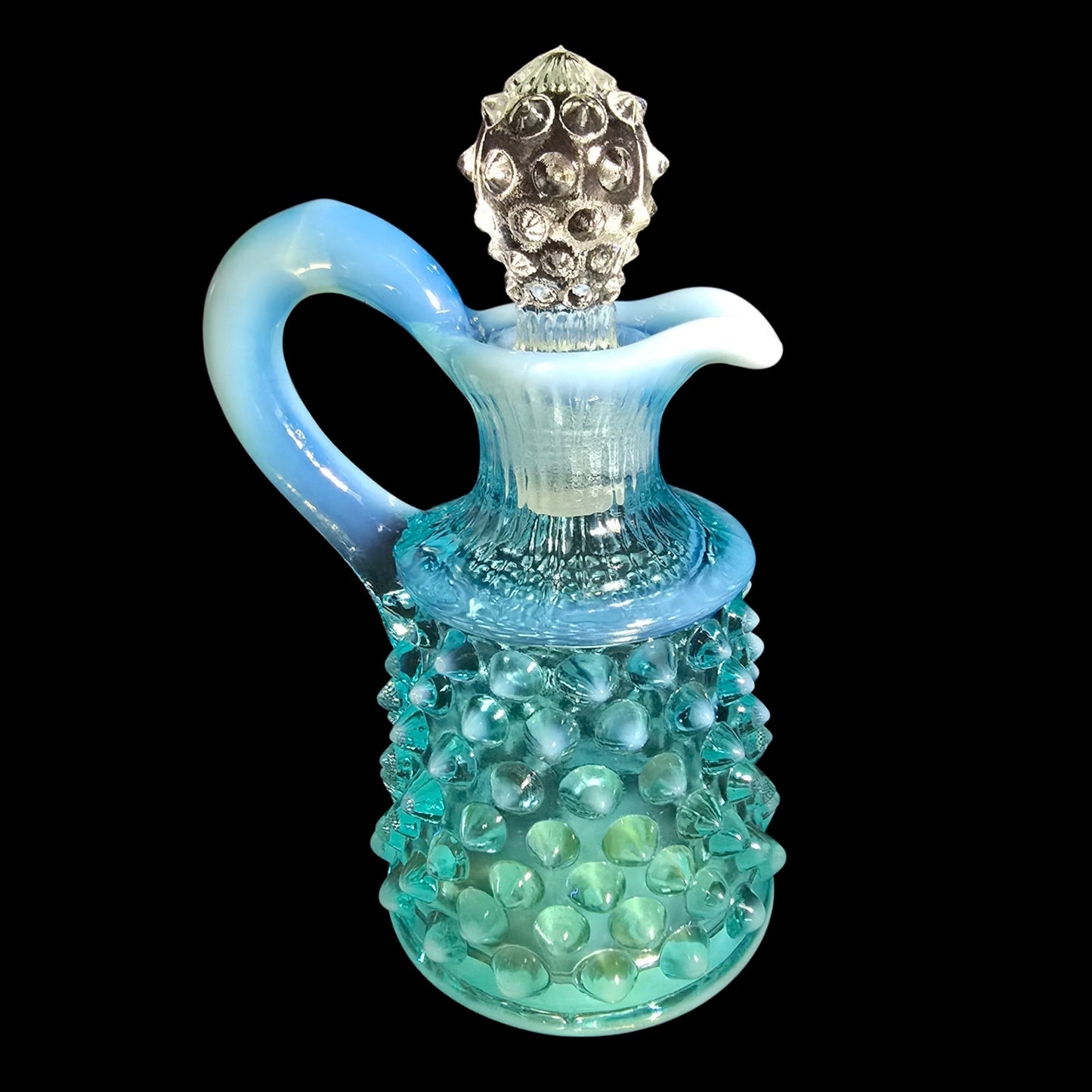 Fenton Blue Opalescent Hobnail Cruet w/ Stopper Uranium Reactive Art Glass