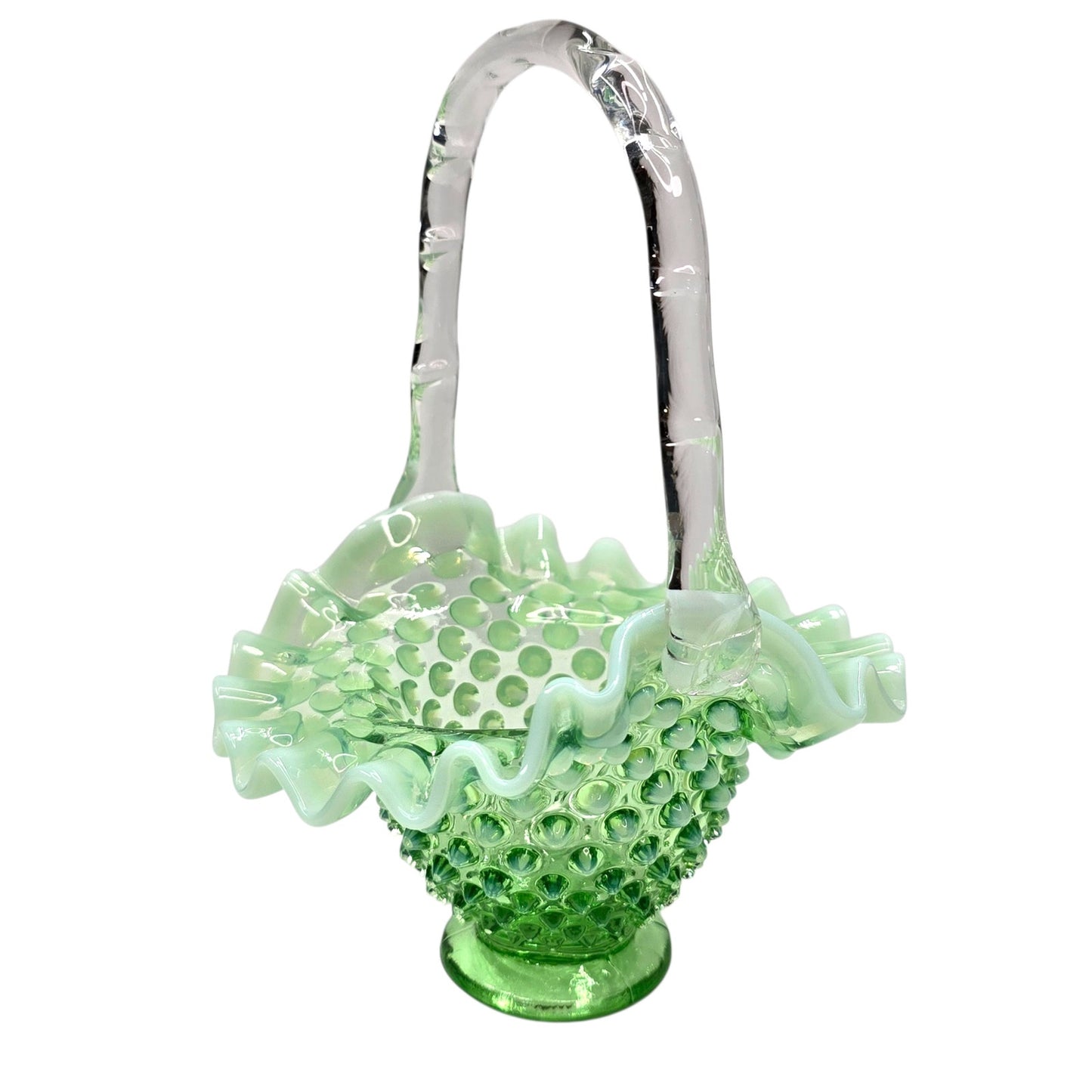 Fenton Green Opalescent Hobnail 3-Pc Set Uranium Vase Basket Dish Glows Green UV