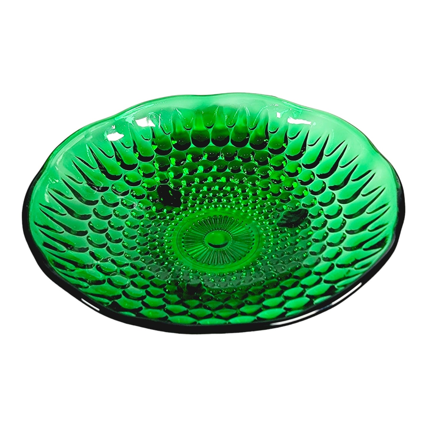 Vtg Anchor Hocking Dish, Forest Green Hobnail Glass Plate, Green Glass Trinket Dish