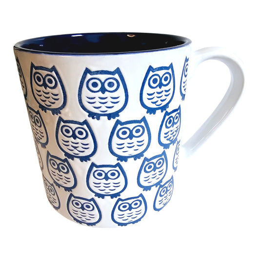 Grayden Hall Embossed Owl Ceramic Coffee Mug, Blue on White 14 oz