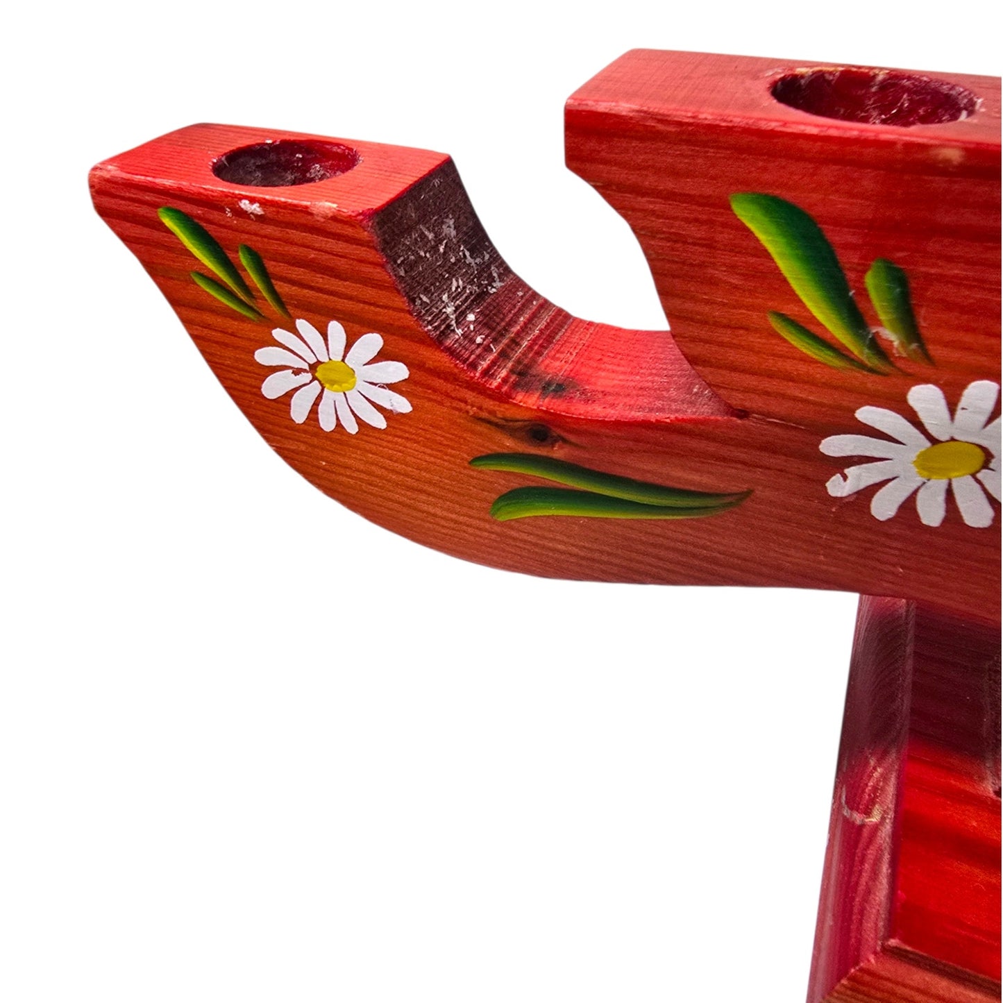 Vintage Sweden Wooden Candelabra Candle Holder Red Floral Hand Painted Folk Art