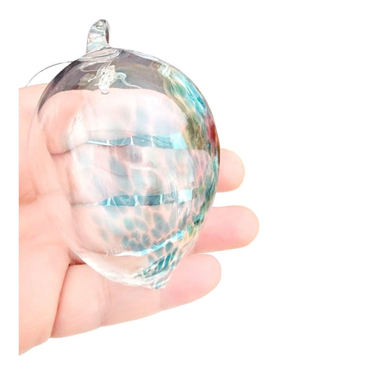 Hand-Blown Art Glass Christmas Ornament, Hand Made Denmark Clear with Blue Swirl