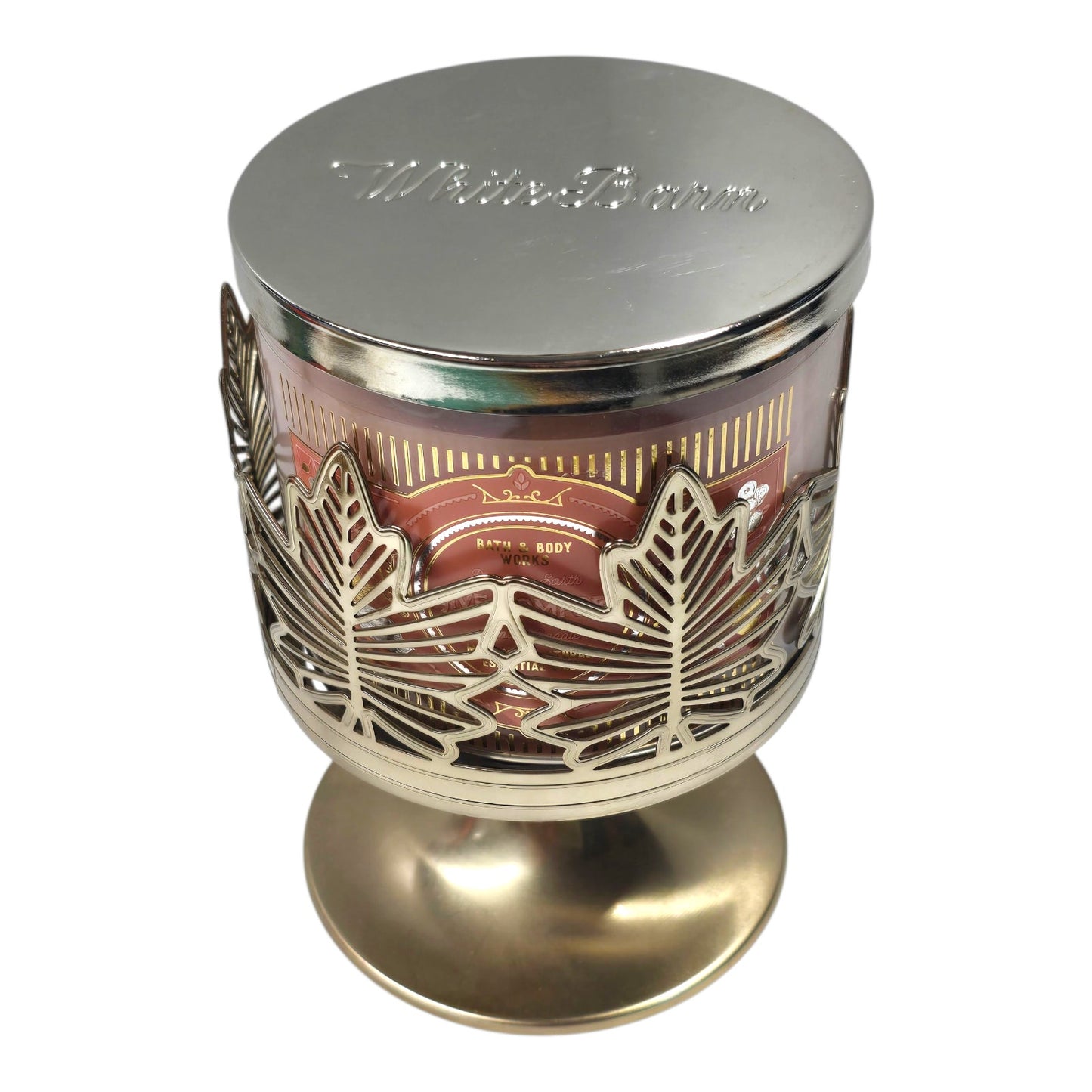 Bath & Body Works Gold Pedestal Maple Leaf Candle Holder + Peach on Earth Candle