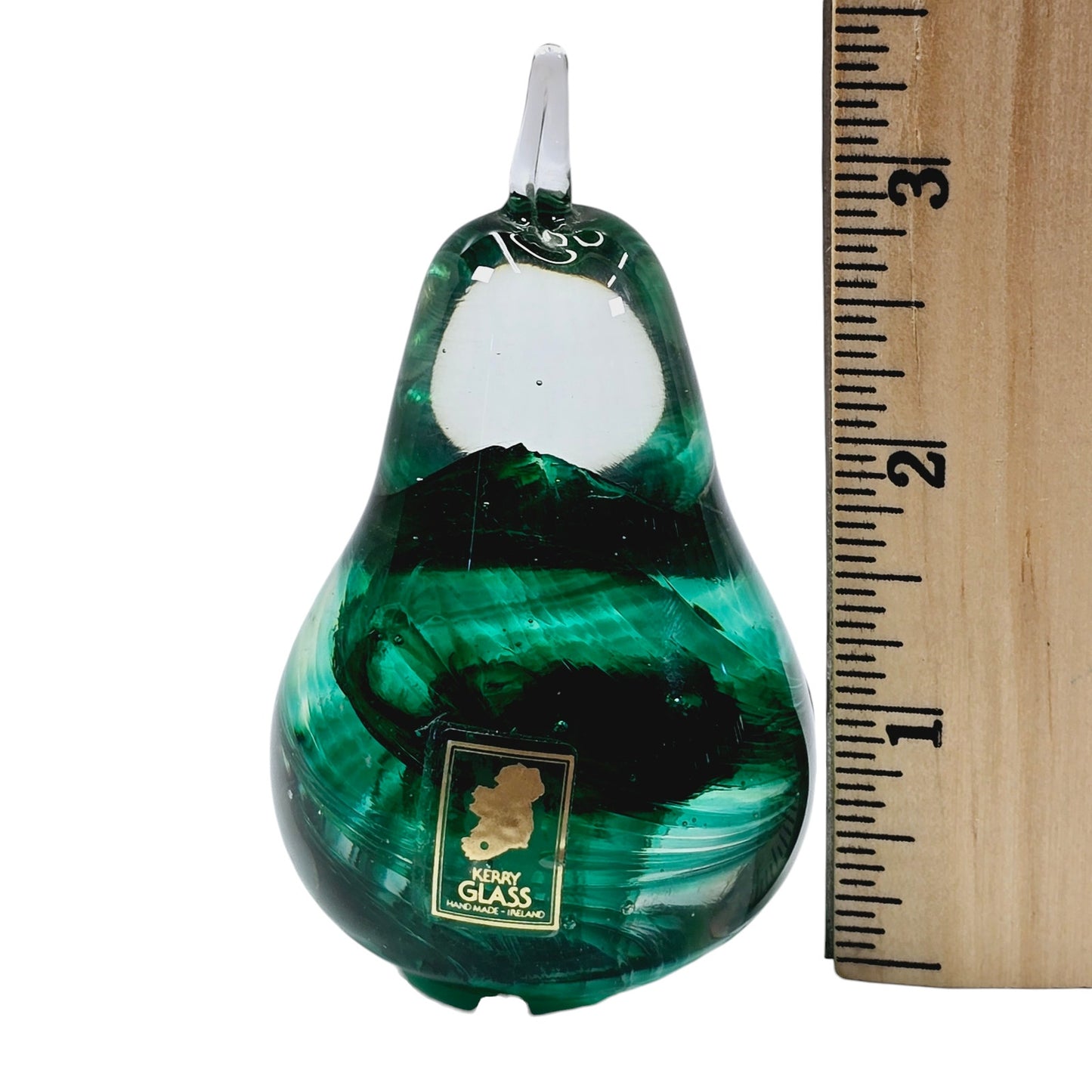 Vintage Kerry Glass Hand-Made Ireland Green Glass Pear Paperweight, Hand-blown Irish Glass, 3.25" H