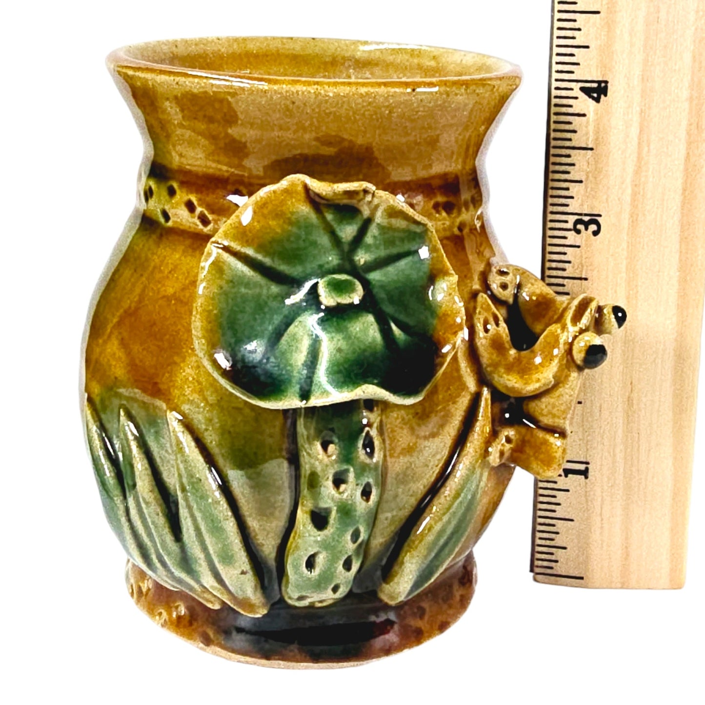 Vintage Majolica Pottery Lucky Bamboo with Frog Pot, 4.1" H