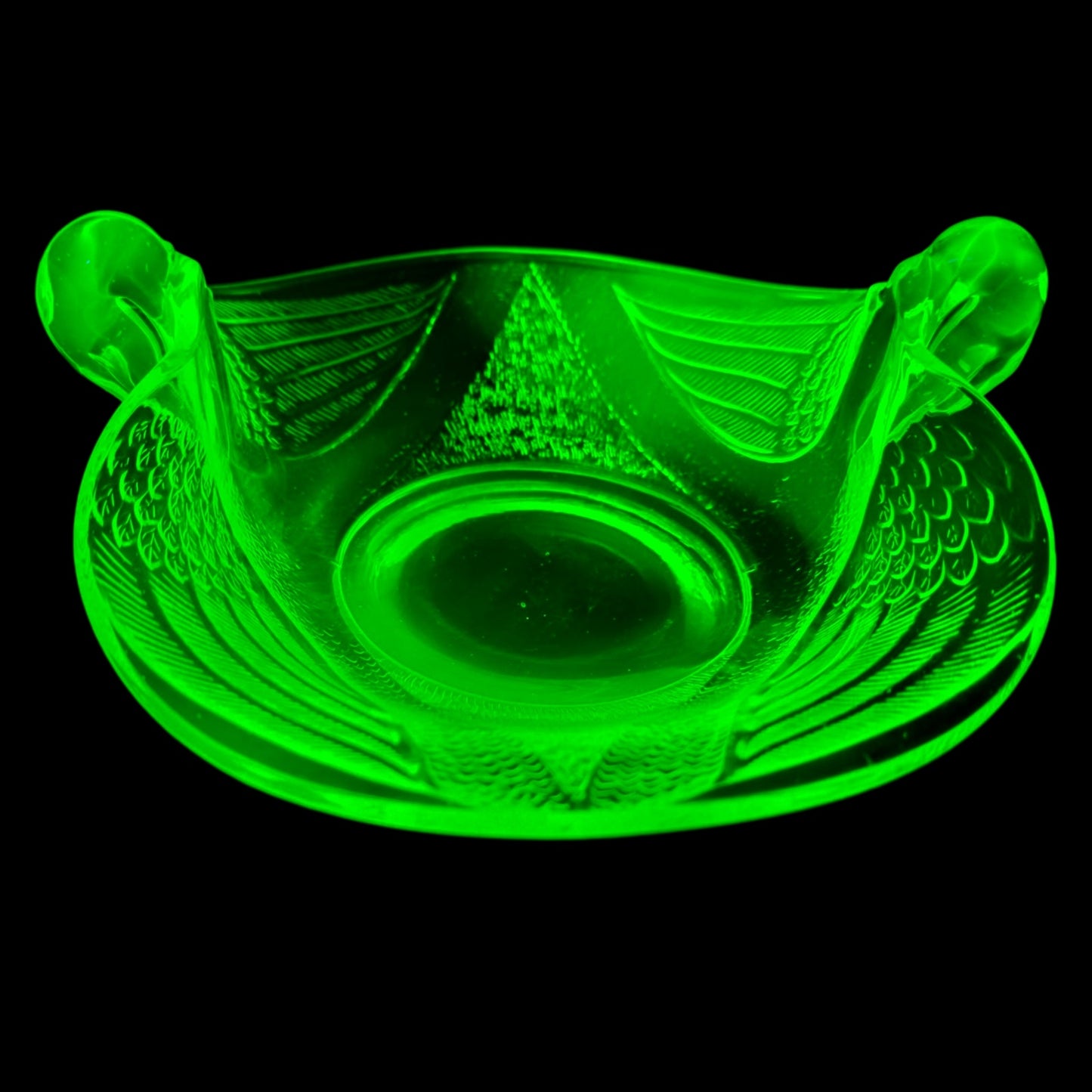Fenton Dugan Uranium Glass Seagull Dish Swan Double Handle Green Glow Vintage