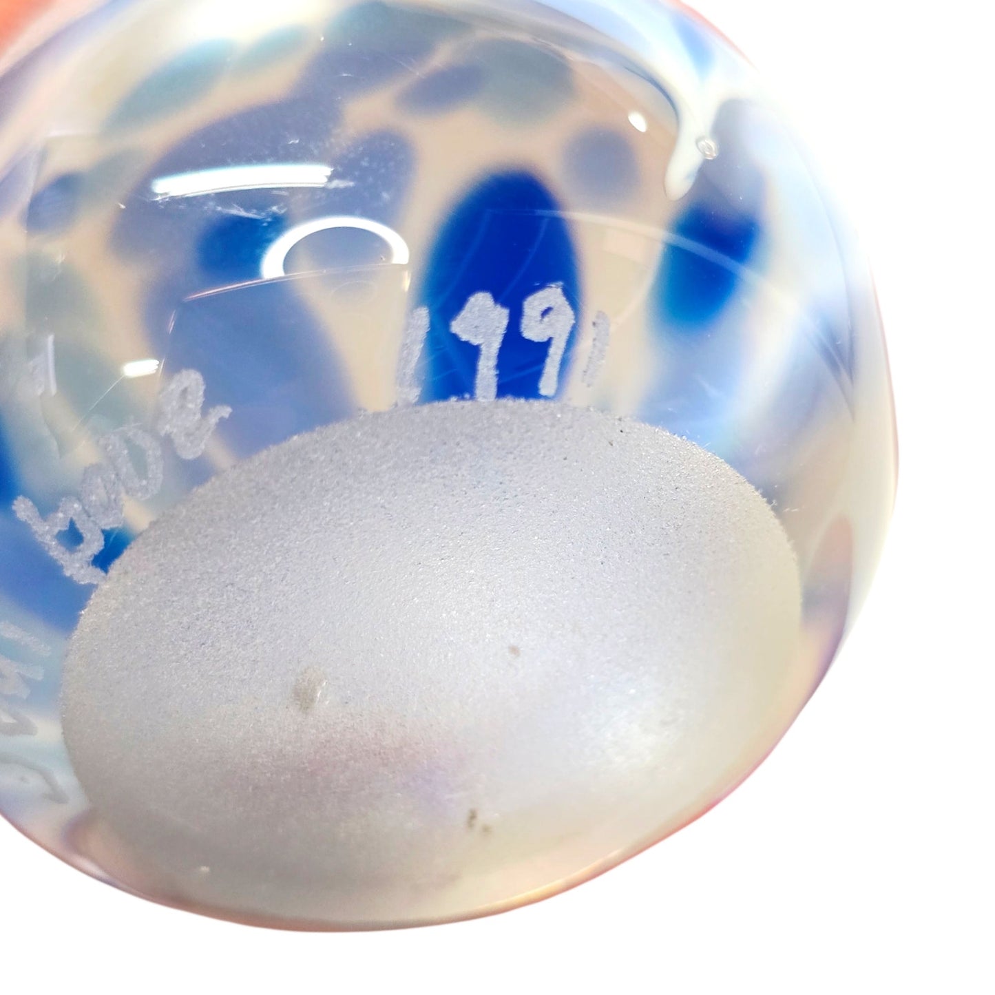 Signed Jodi Bove 1991 Art Glass Paperweight Blue White Floral Swirl Flower 2"