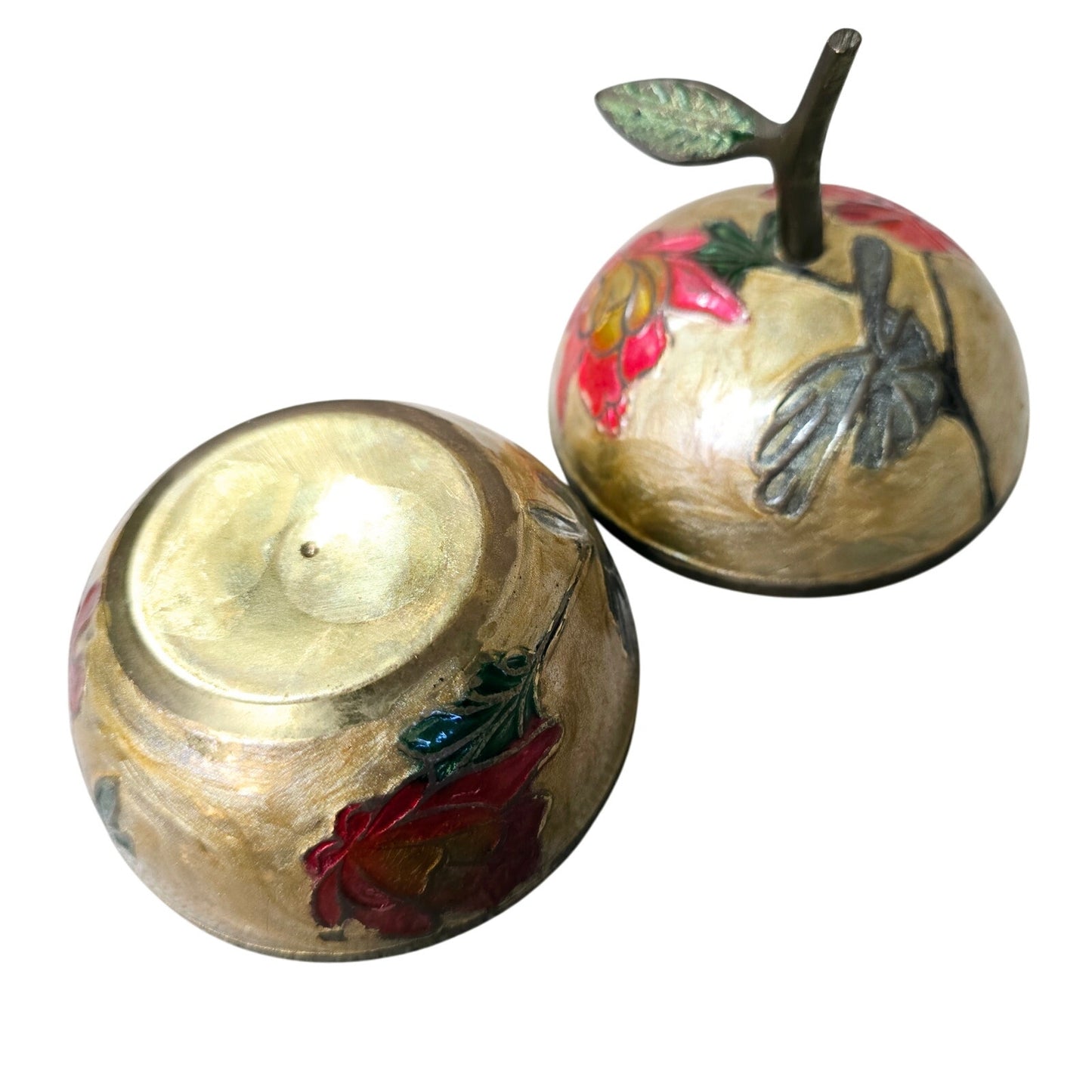 Vintage Cloisonne Enamel Brass Apple Trinket Box With Lid Floral Fruit Farmhouse