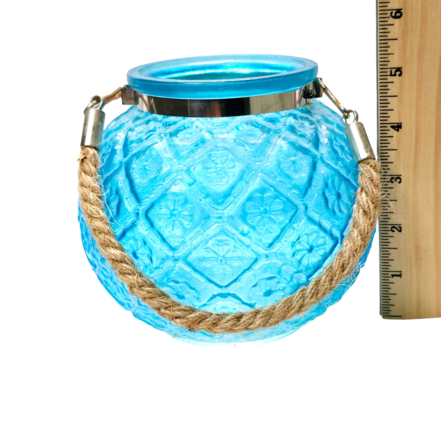 Blue Moroccan Globe Vase Teal Candle Holder w/ Rope Handle Flashed Glass BOHO