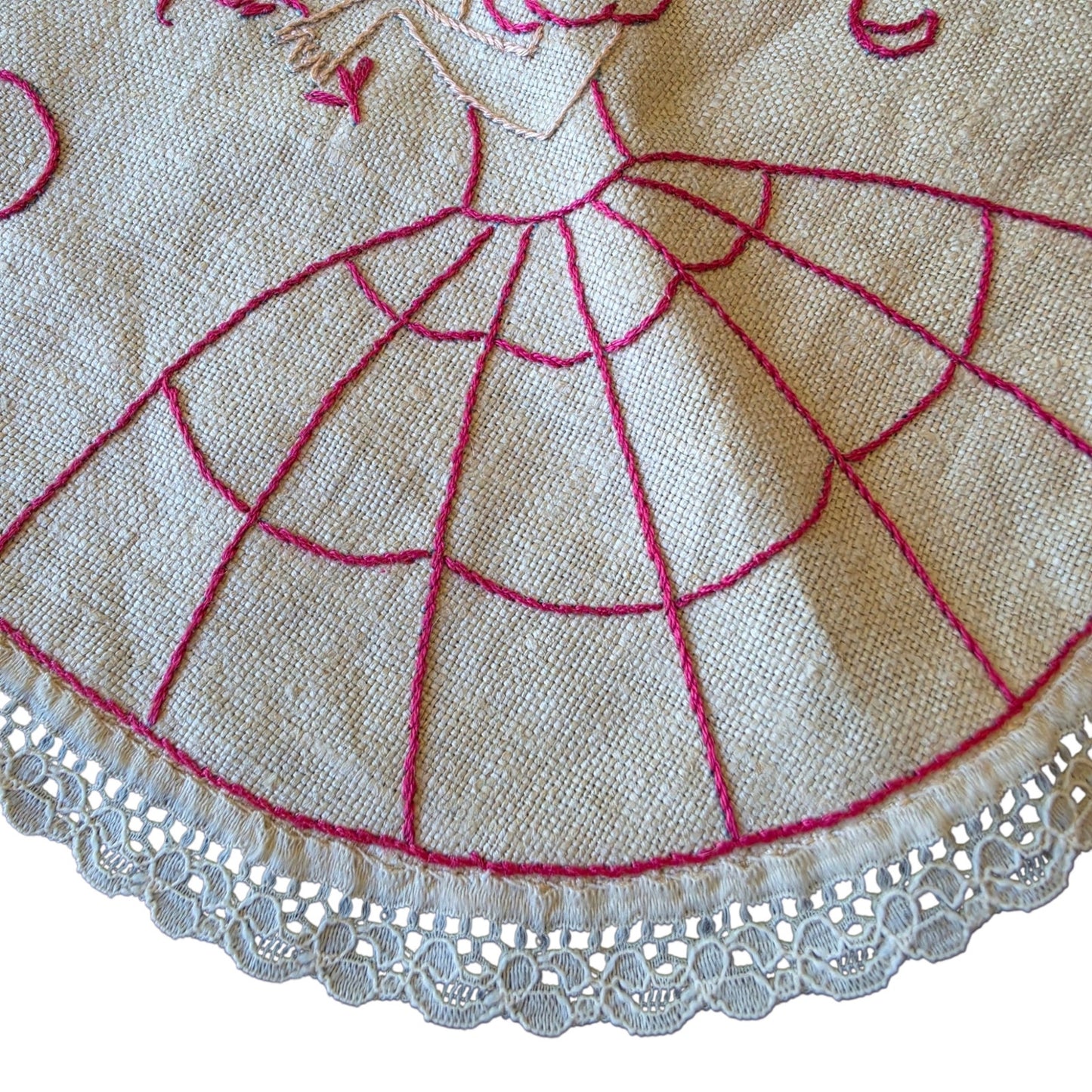 Vintage Crinoline Lady Embroidered Dresser Scarf & Crochet Doily Set Centerpiece