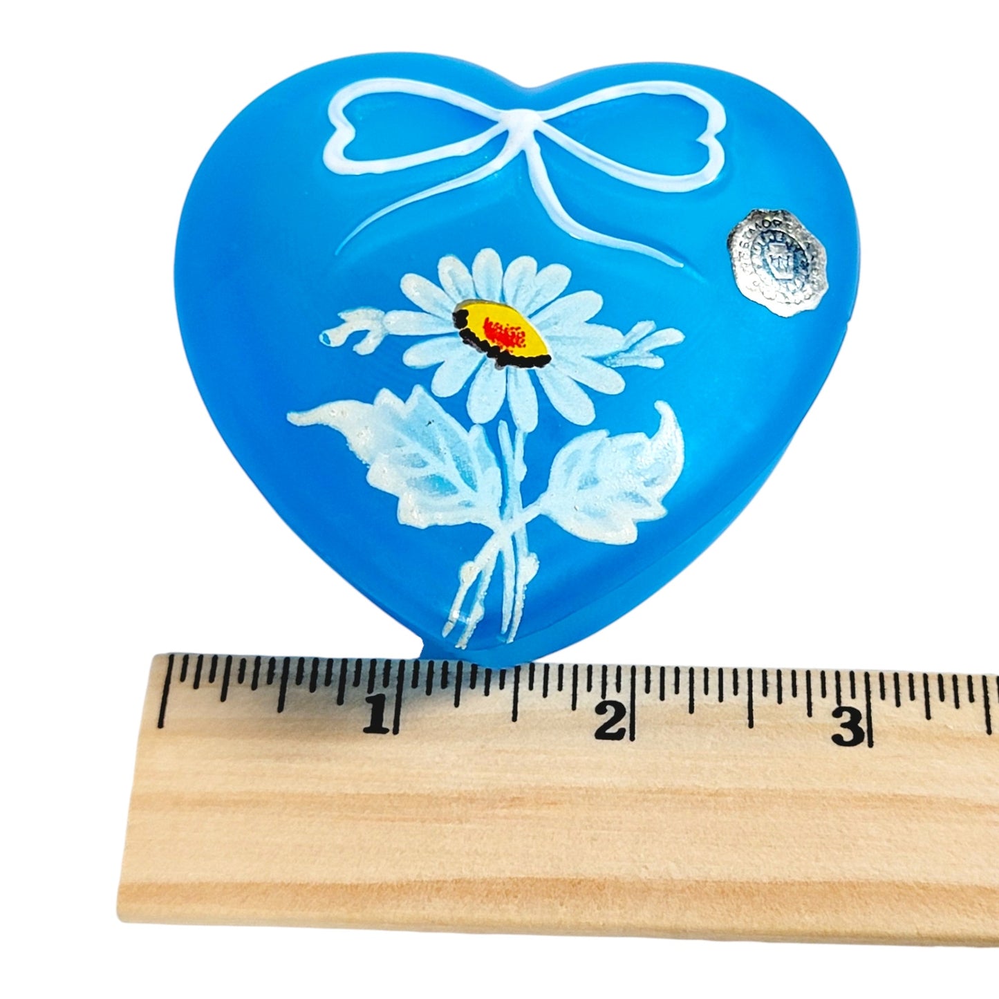 AS IS 1970's Westmoreland Daisy Blue Satin Glass Heart Trinket Dish with Lid FLAW