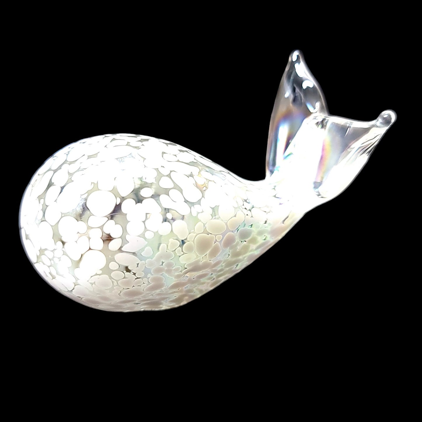 Opalescent Art Glass Whale, Hand-Blown Art Glass Whale Figurine Paperweight 4" W