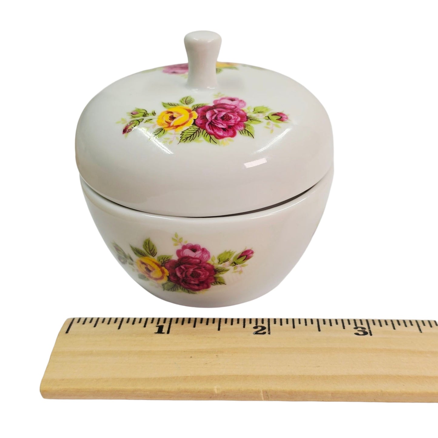 Vintage Porcelain Apple Trinket Box Jewelry Box Lidded Rose Floral Flowers