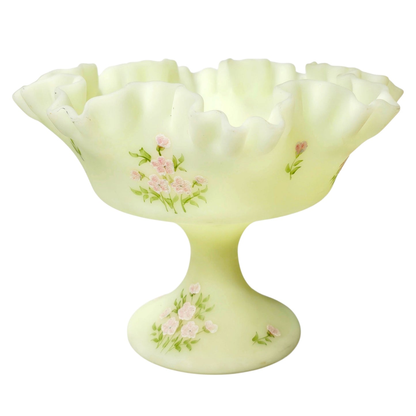 Fenton Custard Uranium Glass Compote Hand Painted Floral Strong Glow Signed