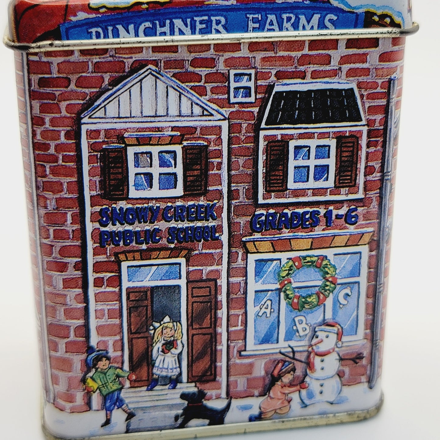 Vintage Tiny Tin Jar Ornament Pinchner Farms Schoolhouse Snowy Creek Public READ