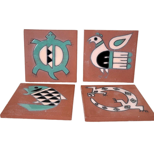 Set of 4 Italian Clay Coasters Southwest Theme Fish, Lizard, Bird, Turtle