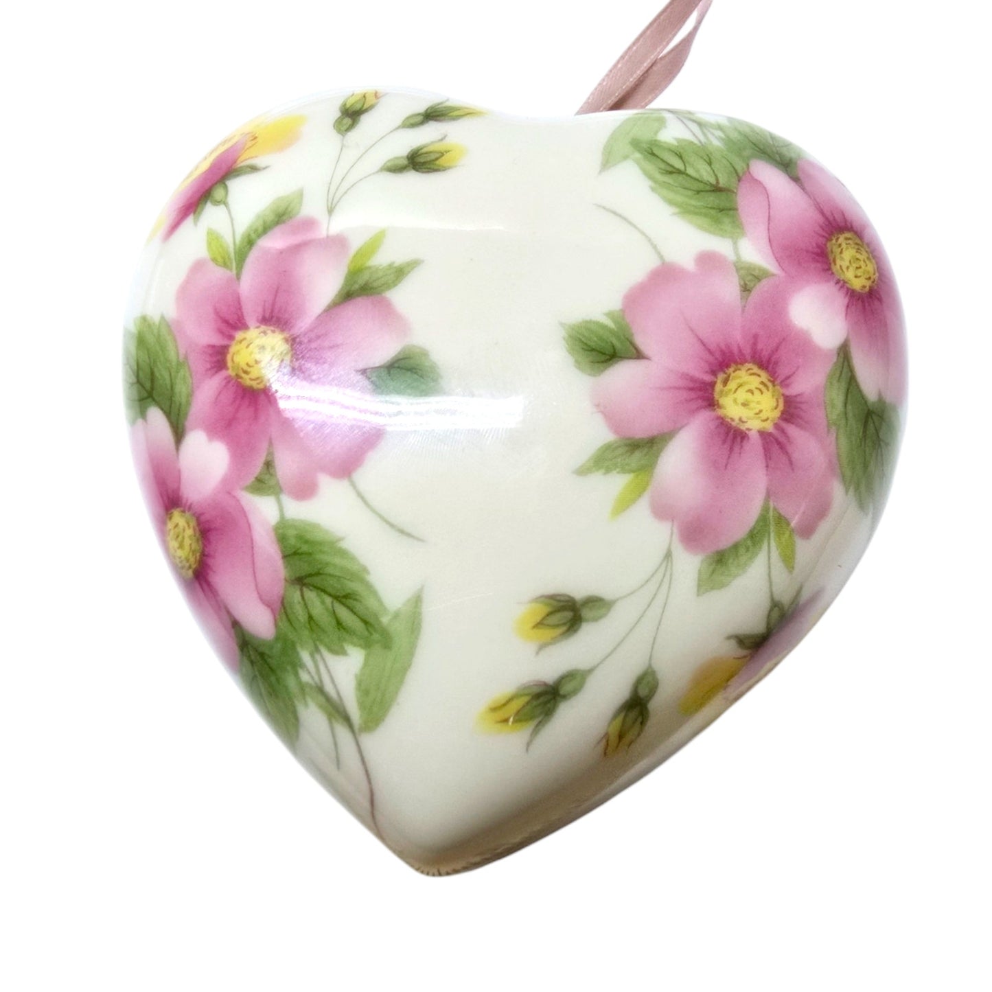 Vintage Porcelain Heart Shaped Pomander with Pink Flowers by Flora Collections