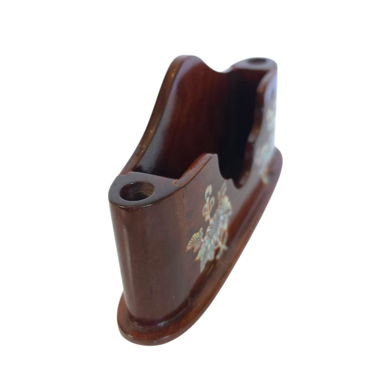 Vintage Wood Desk Organizer Mother of Pearl Inlay Memo Pen Holder Business Card