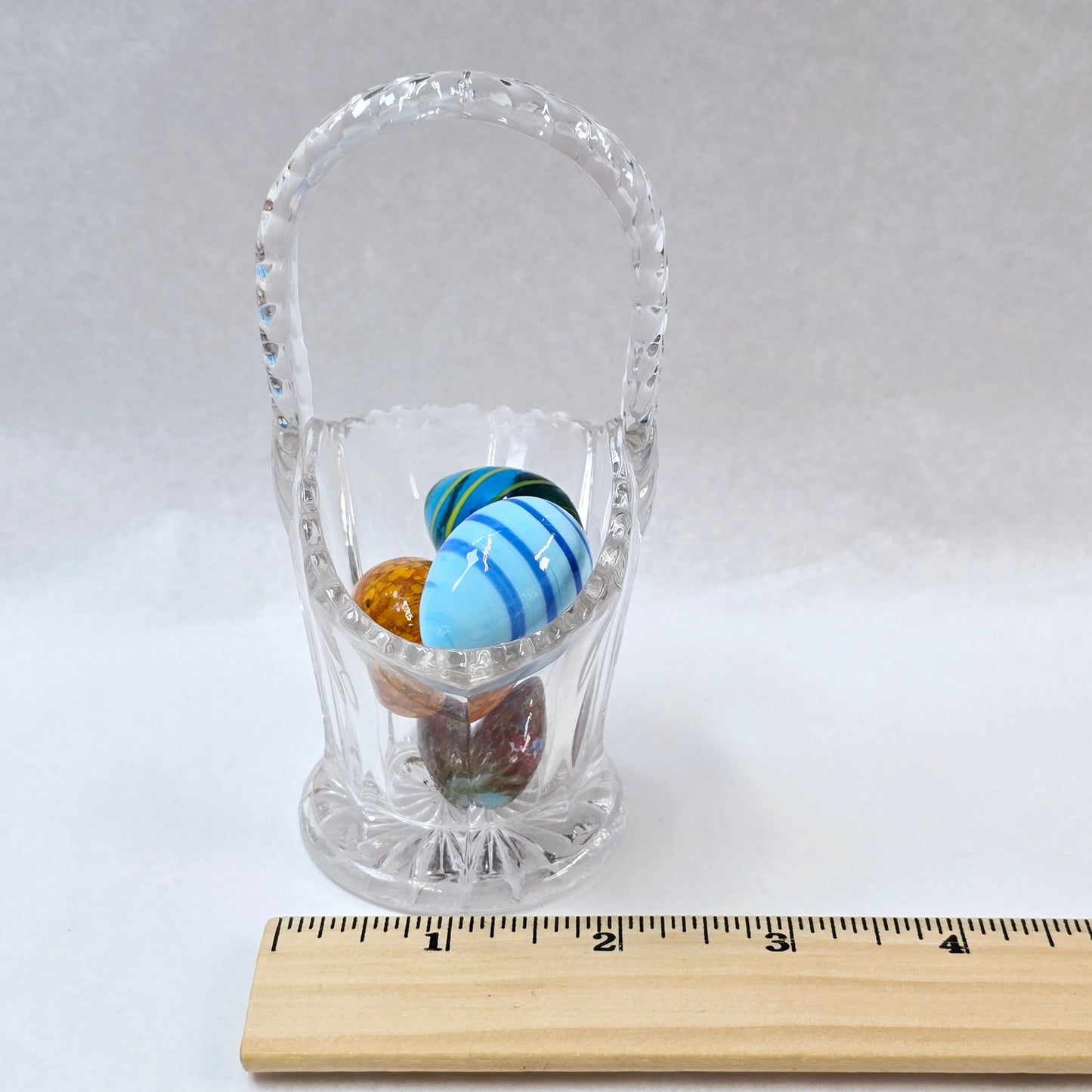 Set of 4 Handblown Small Glass Eggs, Colorful Artisan Glass Eggs in Mini Glass Basket