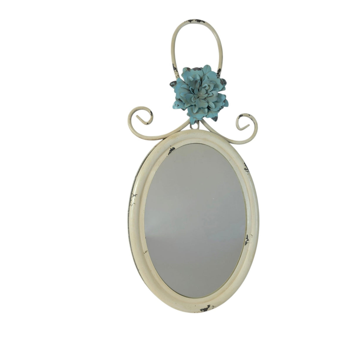 Hobby Lobby Shabby Chic Wall Mirror Distressed Ivory Teal Metal Flower Decor