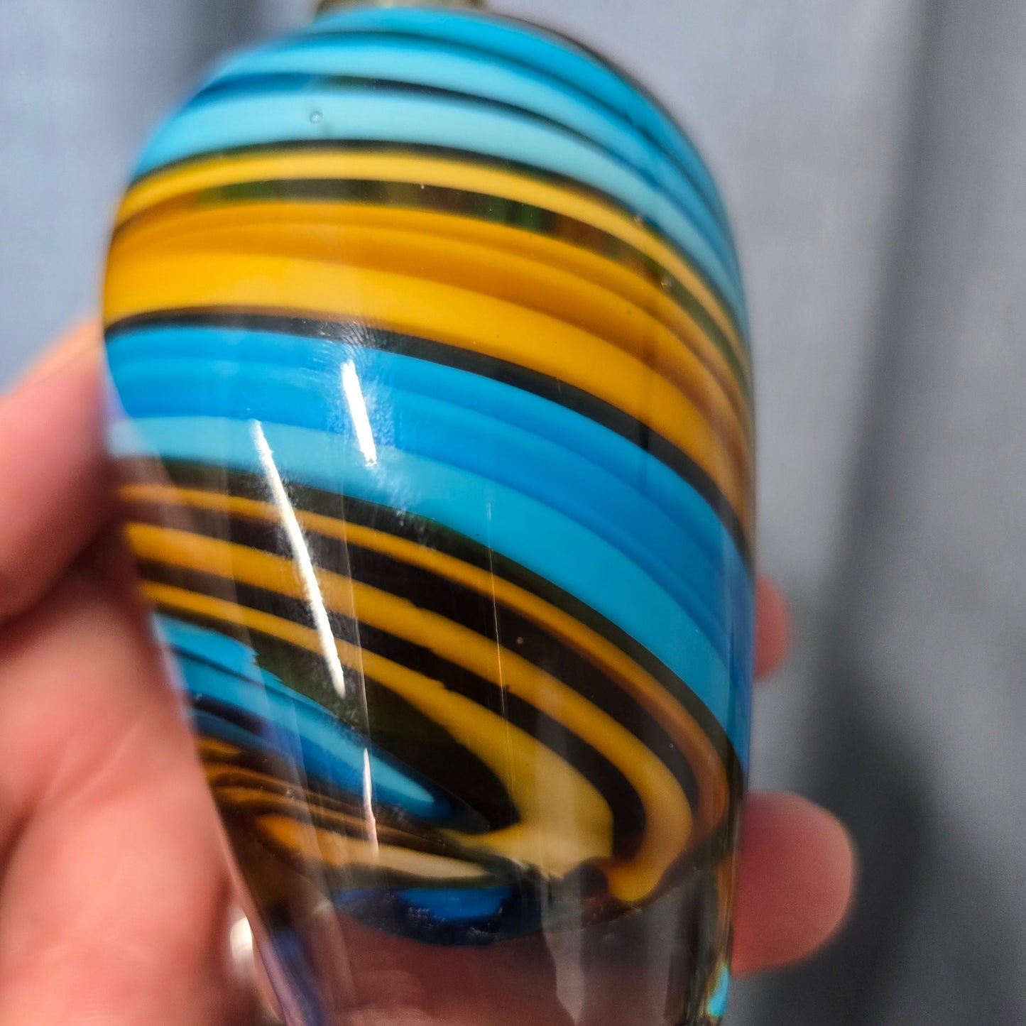 Vintage Art Glass Blue Amber Striped Perfume, Missing Atomizer