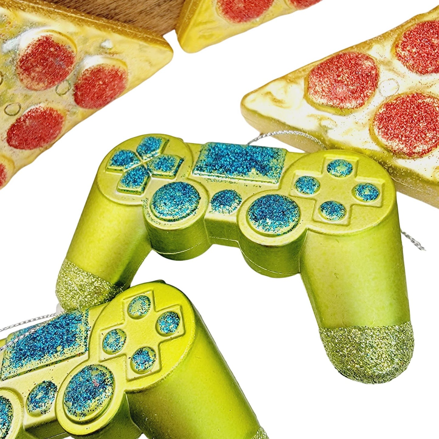 Set of 5 Glitter Ornaments 3 Pizza Slice Ornaments and 2 Gamer Control Ornaments