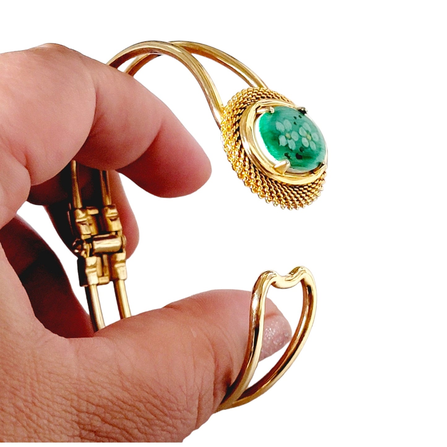 Gold Tone with Green Handpainted Oval Stone Hinged Bracelet Fashion Jewelry