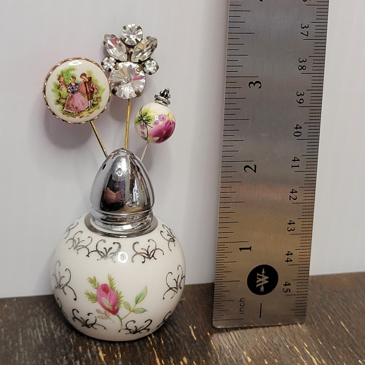 Vintage I. Rice Round Floral Shaker Pin Holder Display with Handmade Stick Pins Vtg Hatpin Holder, Vintage Salt Shaker Single