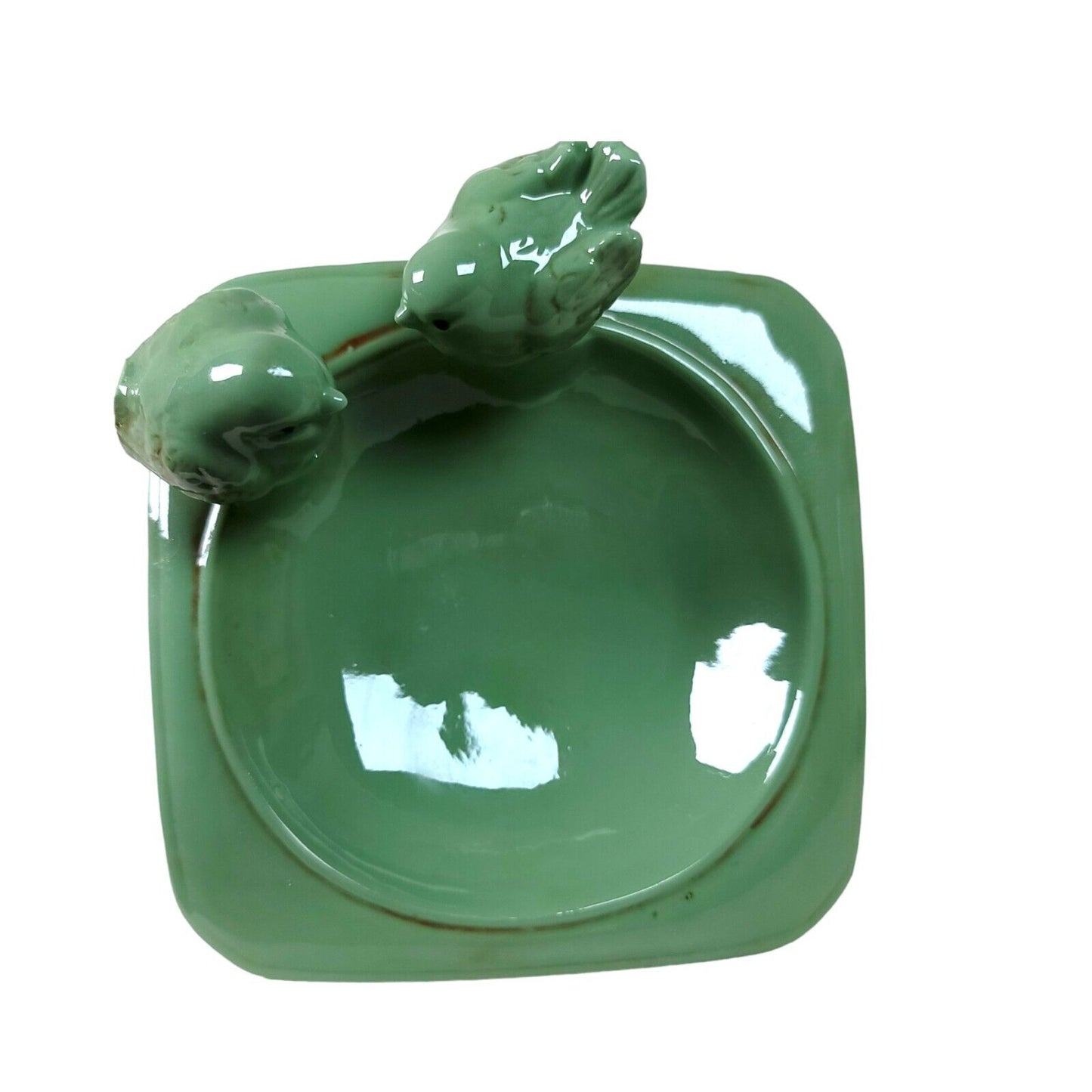 Tabletop Bird Bath Feeder Green Glazed Ceramic with 2 Perched Birds FLAW