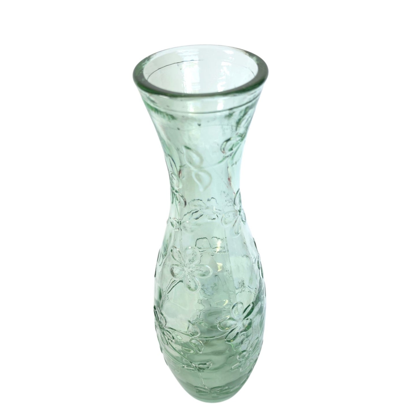 Vintage 1990s Green Recycled Glass Vase Embossed Floral Daisy 15.75" Tall