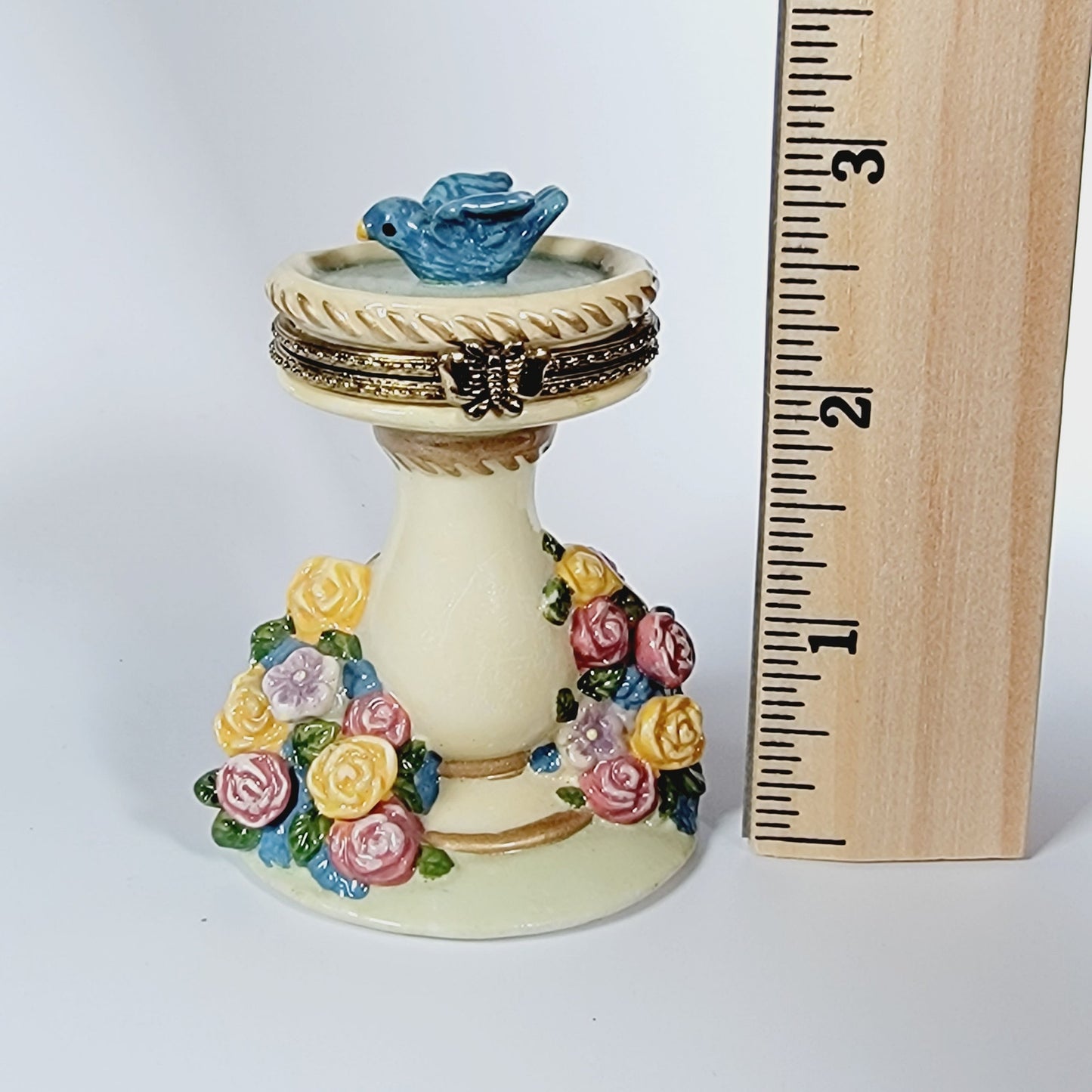 Vintage Bird Bath Trinket Box with Hinged Lid, Floral and Bluebird Design