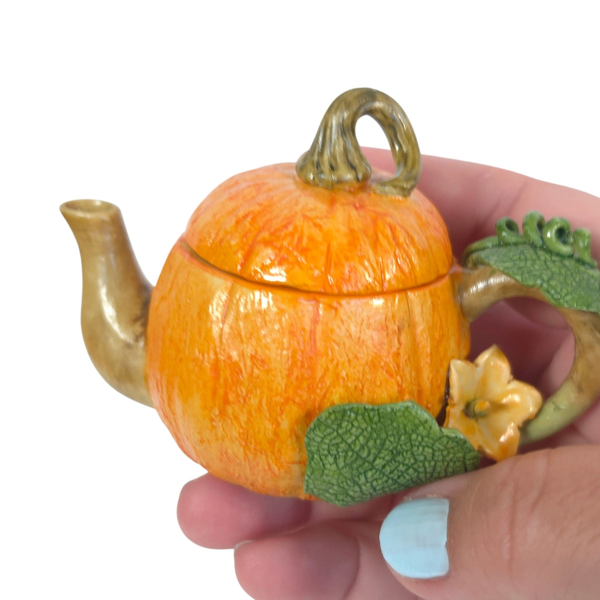 Khien Thailand Miniature Pumpkin Teapot Ceramic Flower Vine Handle Collectible
